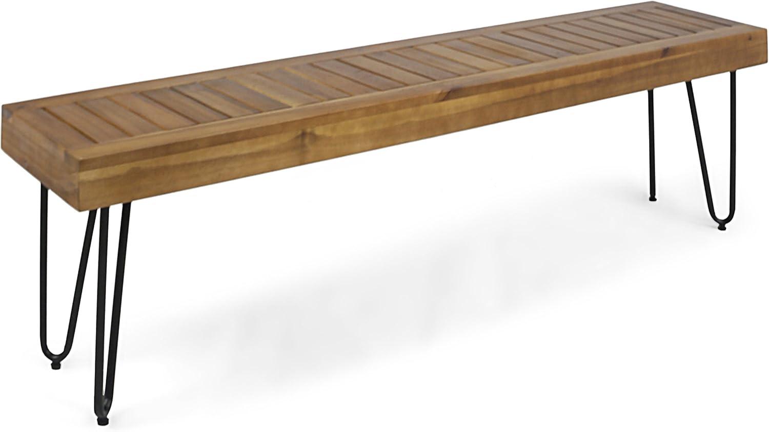 Acacia Wood and Black Metal Hairpin Outdoor Bench - Teak Finish