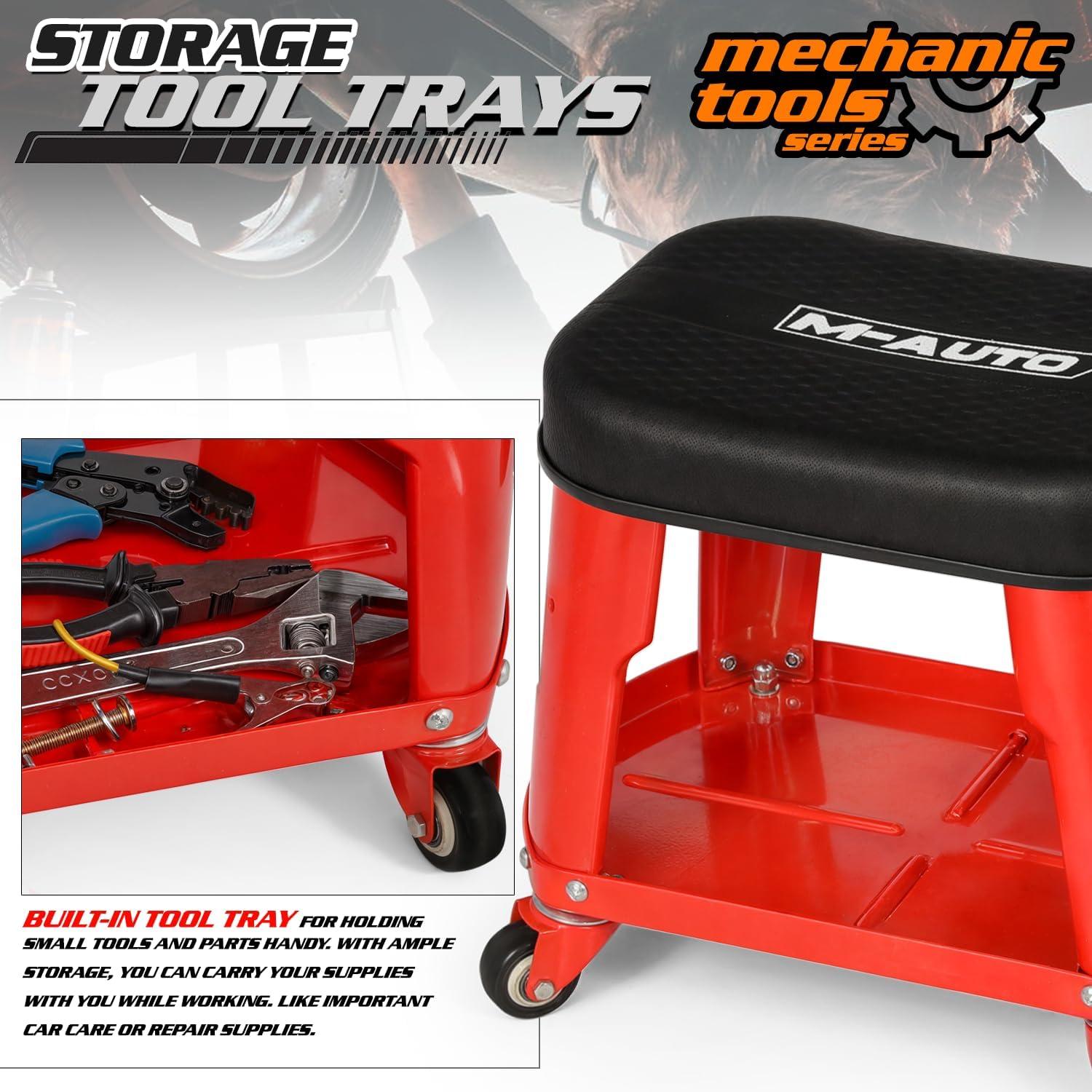 M-AUTO Rectangular Rolling Creeper Garage/Shop Seat Mechanic Roller Stool with Tool Tray Storage, 300 lbs Capacity - Red