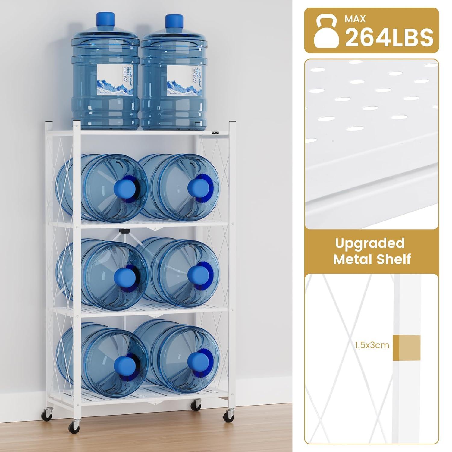 3-Tier Storage Shelves with Wheels, Folding Bookshelf No Assembly, Metal Display Shelf for Balcony, Kitchen, Basement, Pantry, White