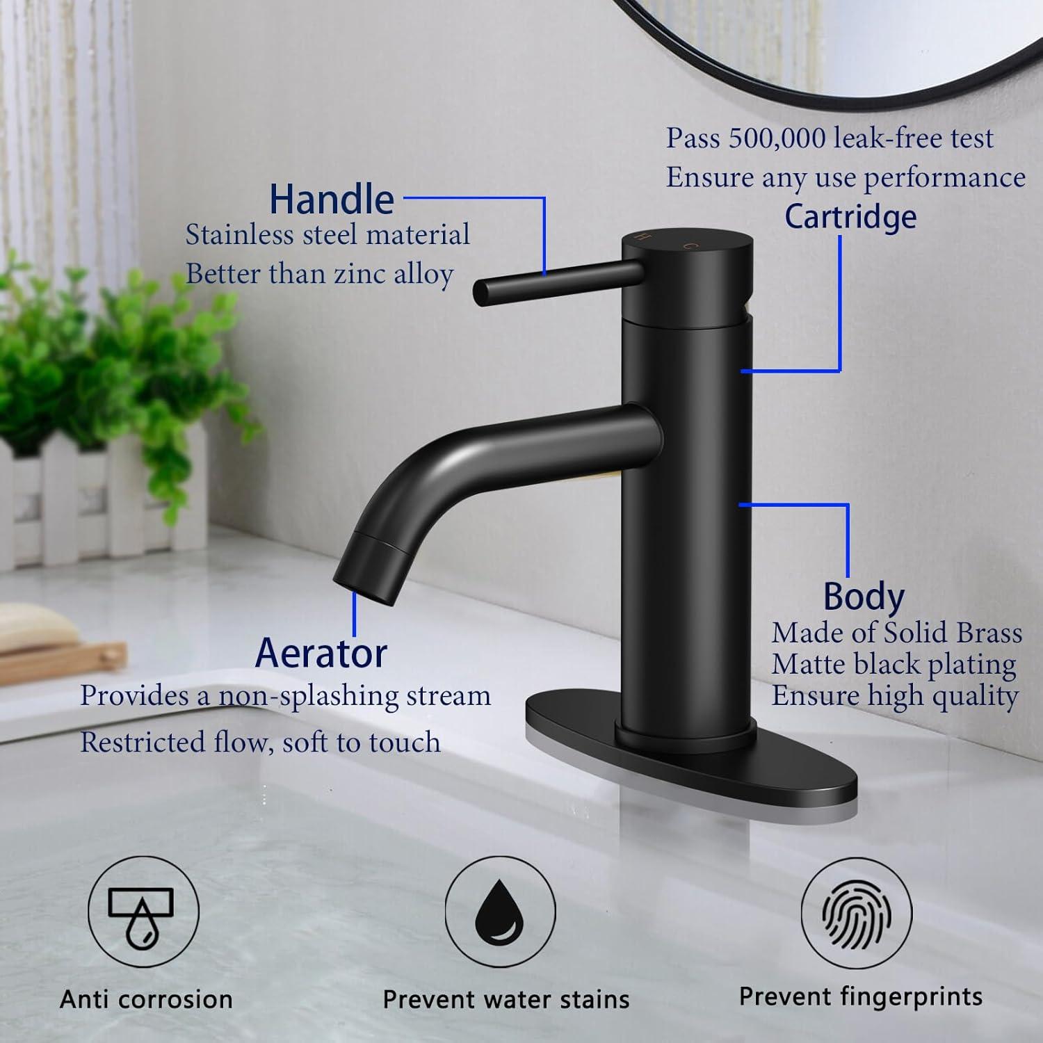 Matte Black Bathroom Faucet Black Bathroom Sink Faucet Single Handle Black Bathroom Faucet Modern Single Hole Faucet Bathroom with Pop-up Sink Drain Stopper & Deck Plate 1 or 3 Hole Bathroom Faucet