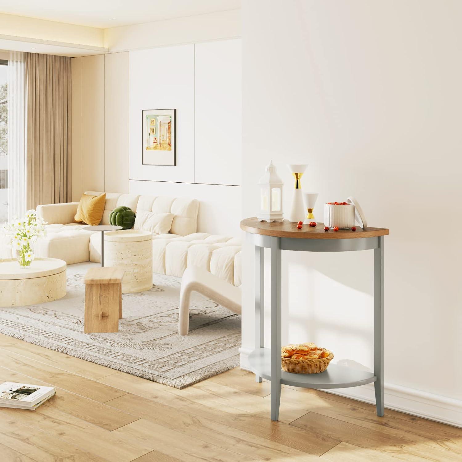 Wooden Half Moon Shaped Console Table with One Open Bottom Shelf Oak Brown and Gray - Saltoro Sherpi