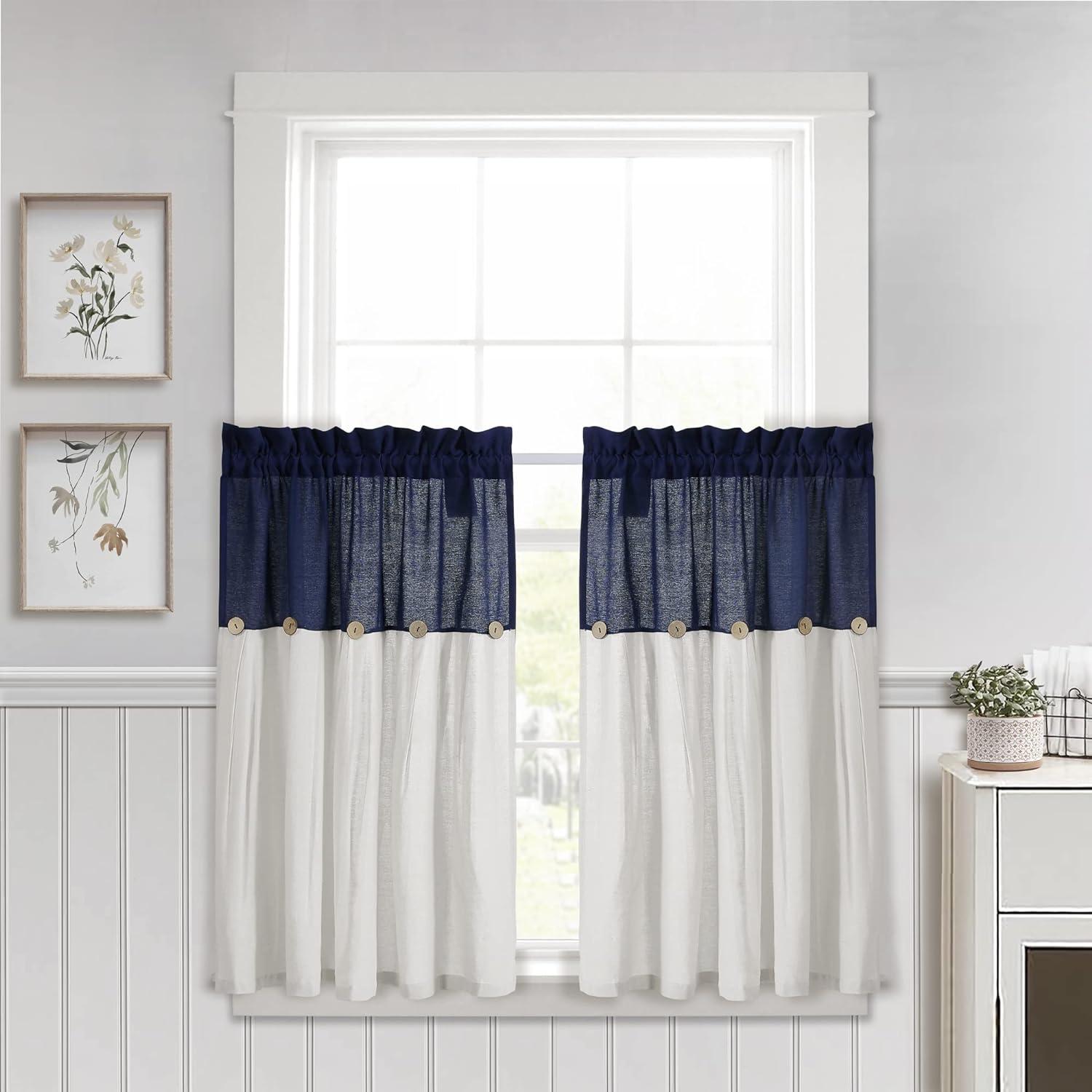 Navy and Off-White Light-Filtering Cotton Blend Kitchen Tier Curtains