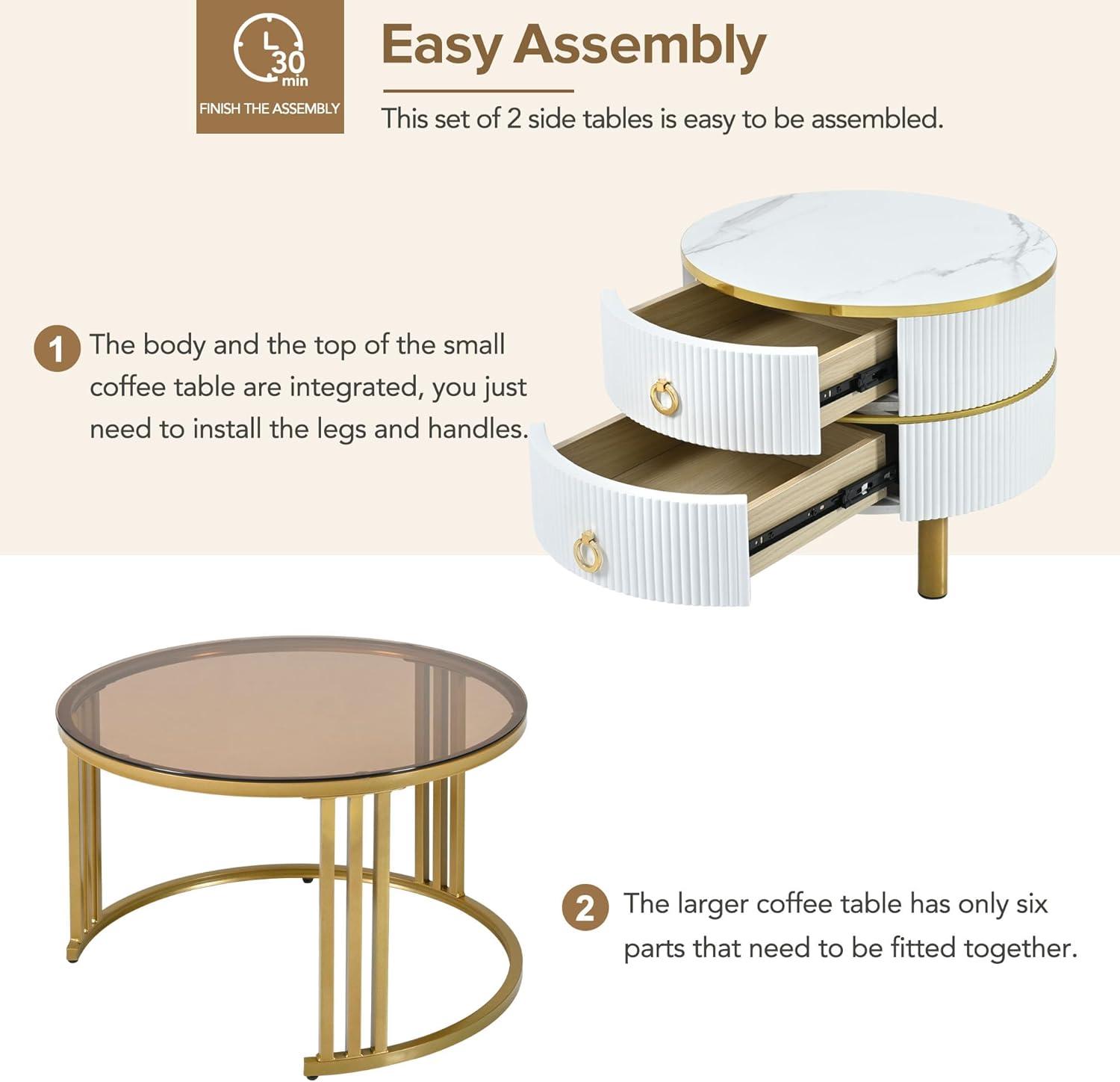 Modern Round Nesting Coffee Table Fluted with Drawer Multiple End Tables Utility Table Telephone Table for Living Room Office Bedroom Balcony, White & Gold