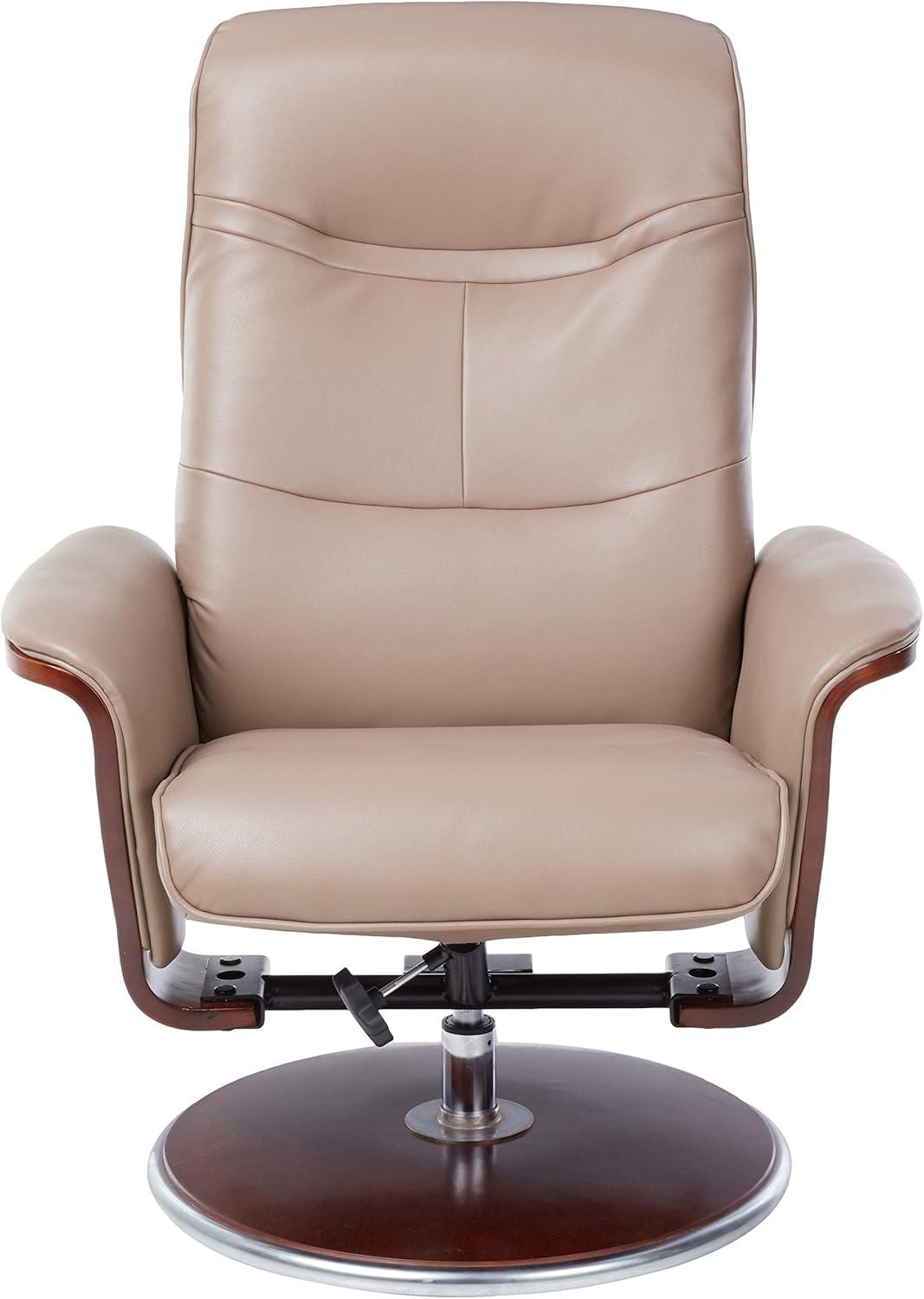 Modern Latte Leather Swivel Recliner with Ottoman and Dark Mahogany Base