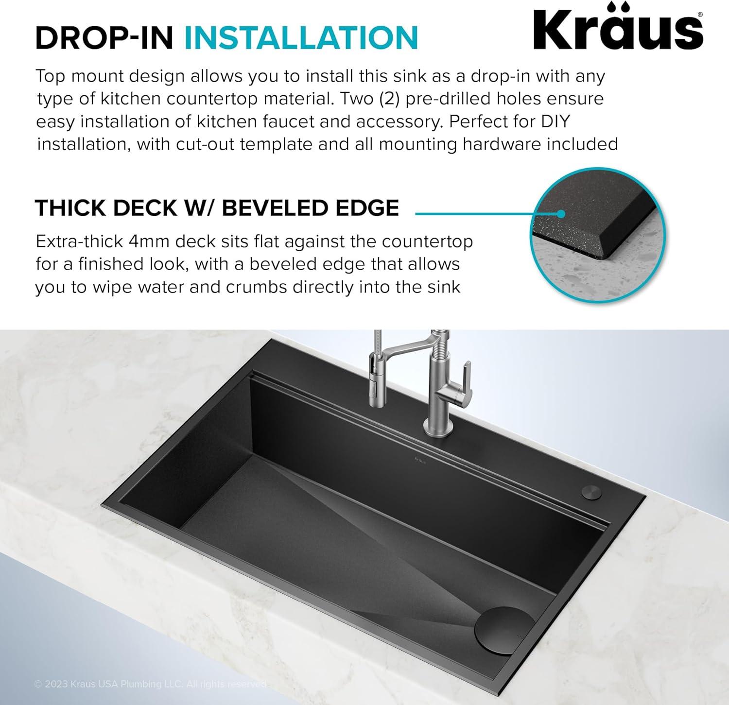 KRAUS Kore™ Workstation 33" L Top Mount Drop-In 16 Gauge Black Stainless Steel Single Bowl Kitchen Sink