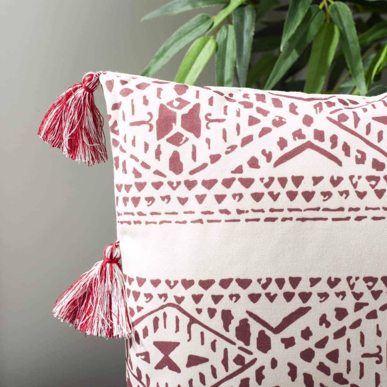 Landria 16" Beige and Red Geometric Throw Pillow with Tassels