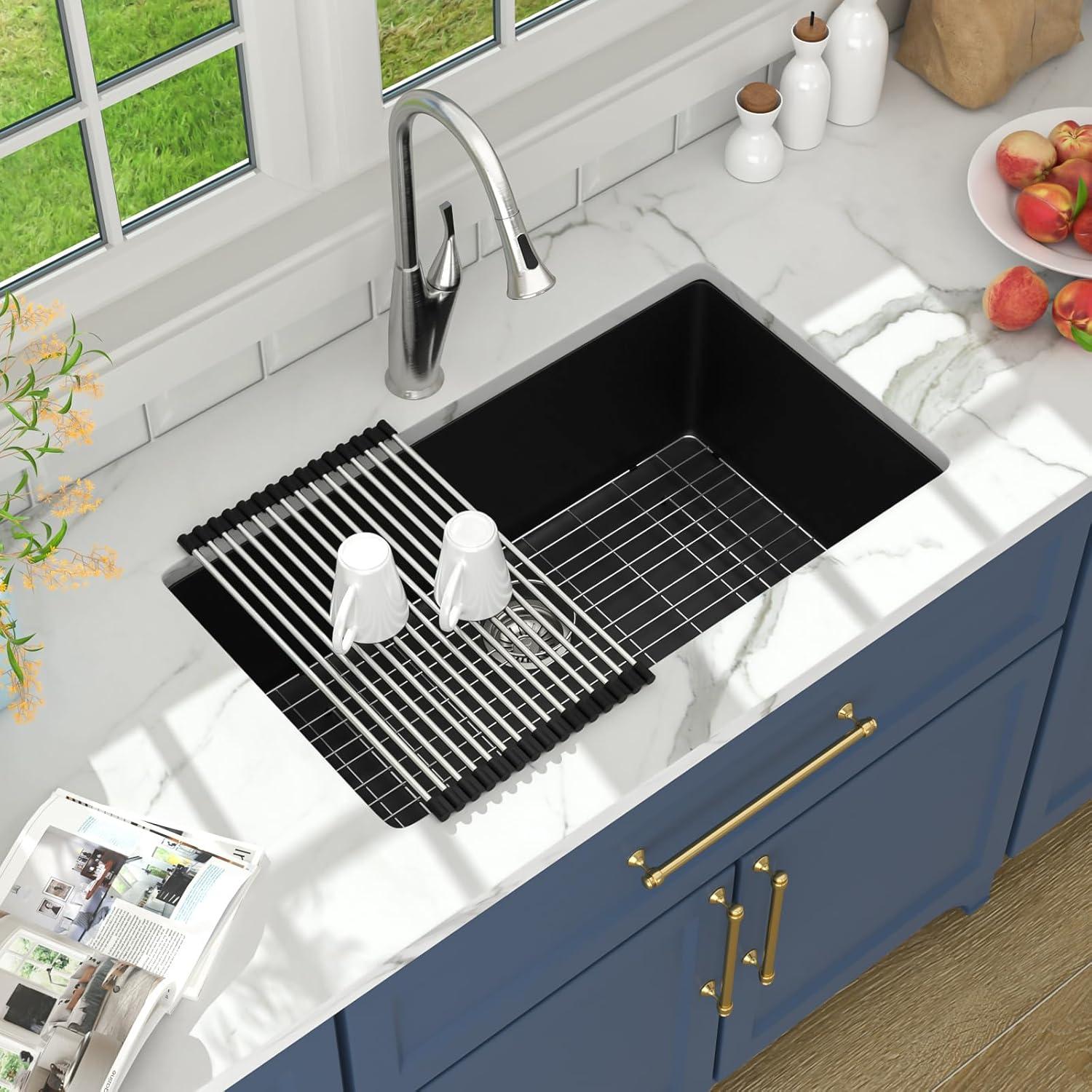 Davivy 33 Inch Black Granite Composite Kitchen Sink Workstation, 33 X 22 Quartz Composite Dual Mount Sink, Matte Black Composite Single Bowl Sink
