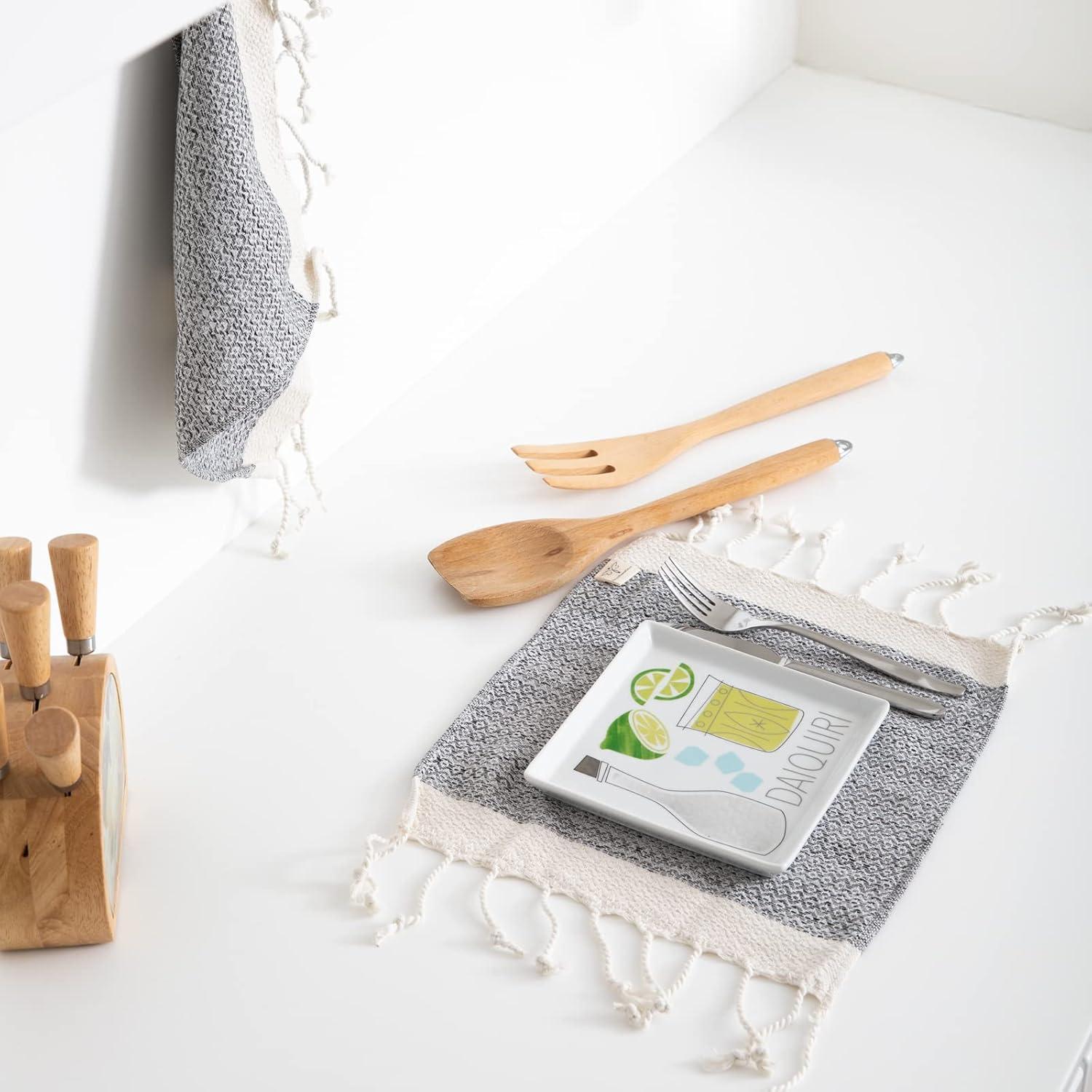 Gray Cotton Vintage Washcloth Set with Fringe Tassels