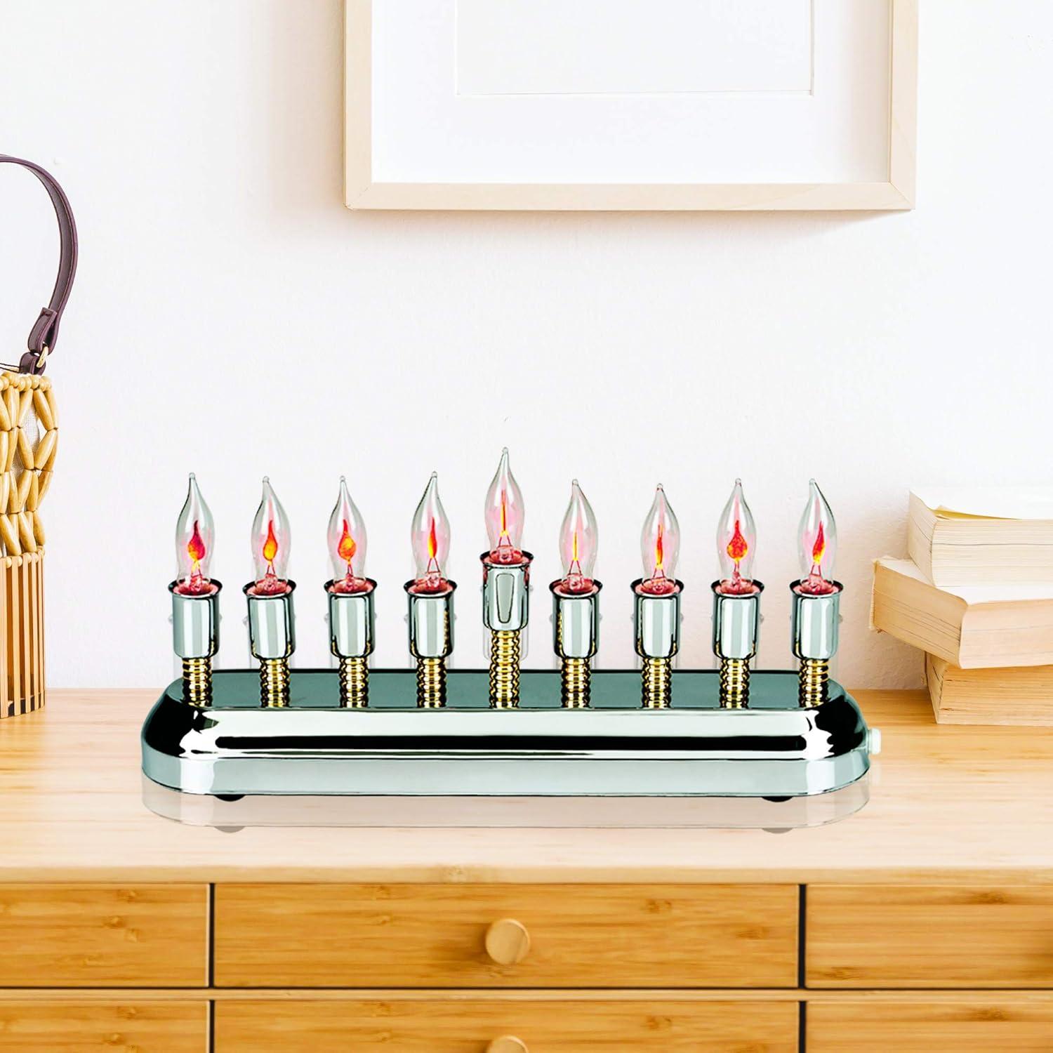 Aviv Judaica Contemporary Electric Hanukkah Menorah Stainless Steel Hanukkiah with Flickering Bulbs Horizontal Electronic Minorah for Chanukah Flameless Candles or Hanukkah Lights Decorations