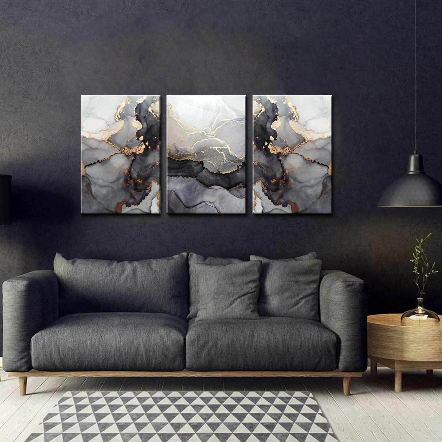 3Pcs Abstract Marble Wall Art Black and Gold Bathroom Decor Nordic Watercolor Gray White Fluid Ink Lines Canvas Picture Contemporary Painting Artwork for Living Room Bedroom Office Home Decor