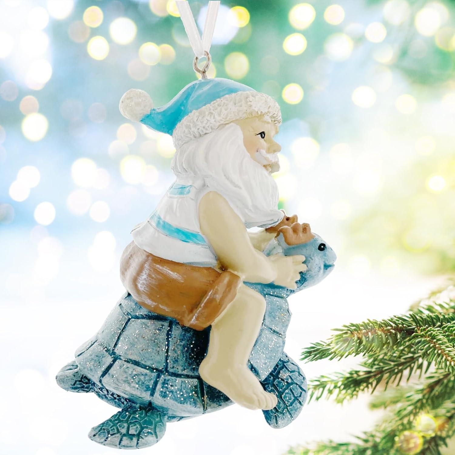 Sea Turtle Seahorse Ornaments - Beach Santa Riding Marine Animals Coastal Holiday Tree Decorations, Set of 2