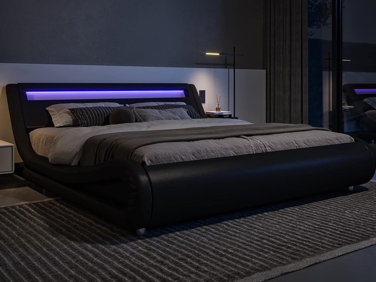Allewie King Size LED Platform Bed Frame with Adjustable Headboard/No Box Spring Need/Easy Assembly/Faux Leather in Black