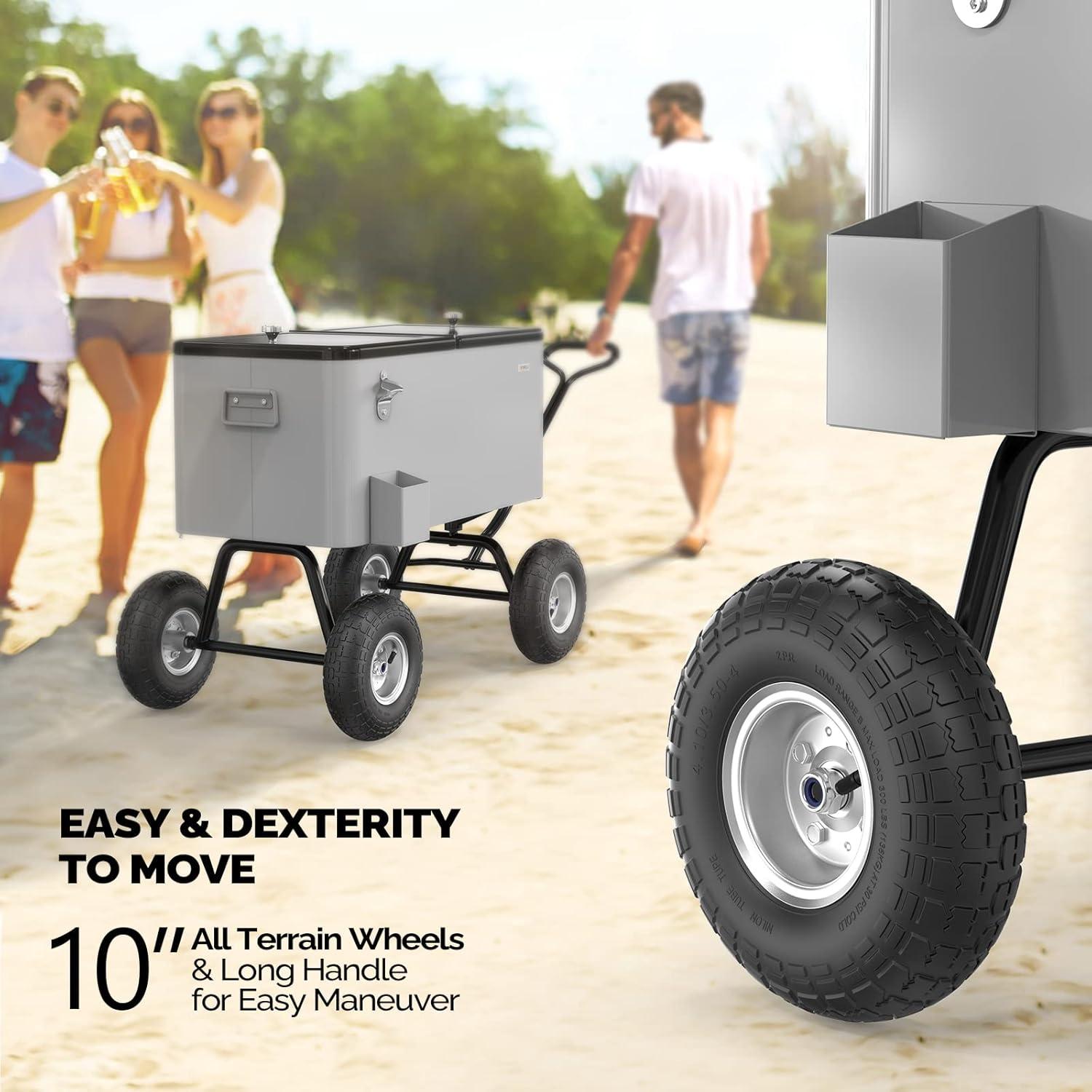 VINGLI 80qt. Wagon Rolling Cooler Ice Chest w/Long Handle and 10" Wheels, Patio Cooler, Outdoor Park Cart on Wheels