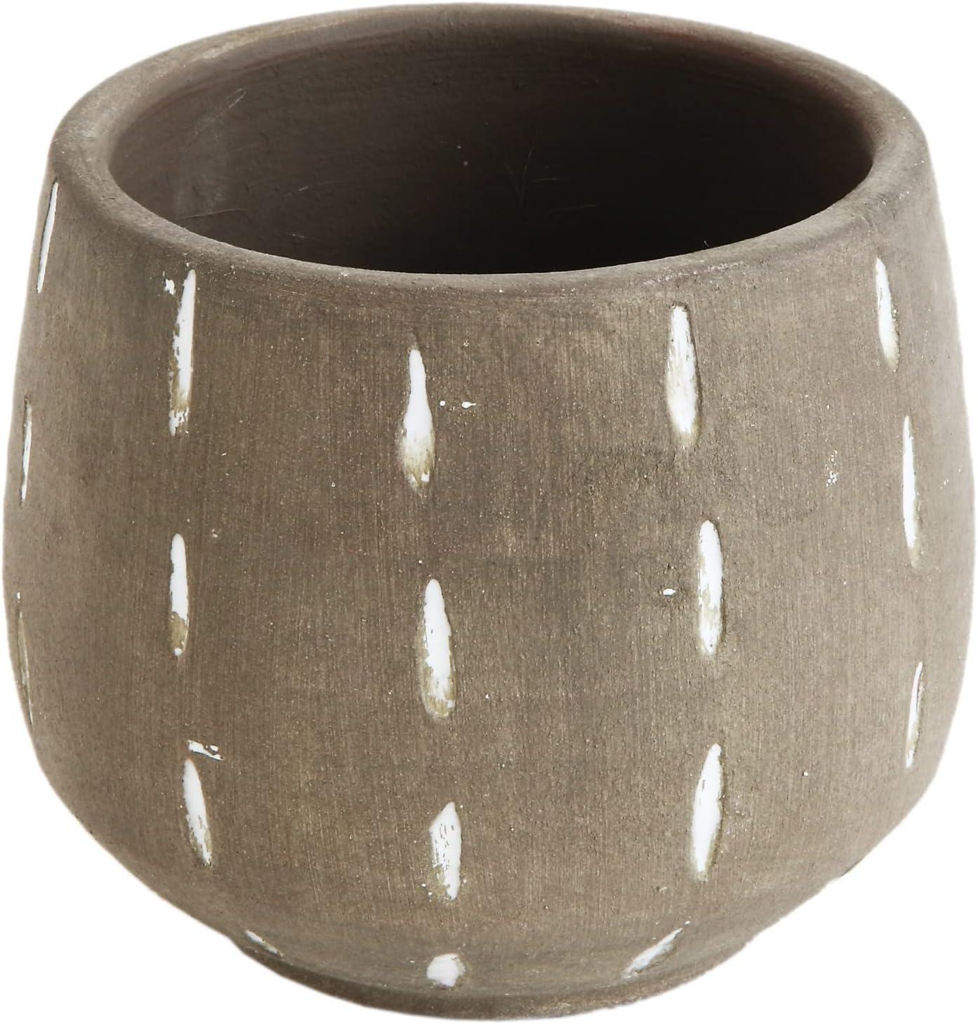 Creative Co-Op Round Terracotta Planter with Hand Painted Lines and Glazed Finish, Grey