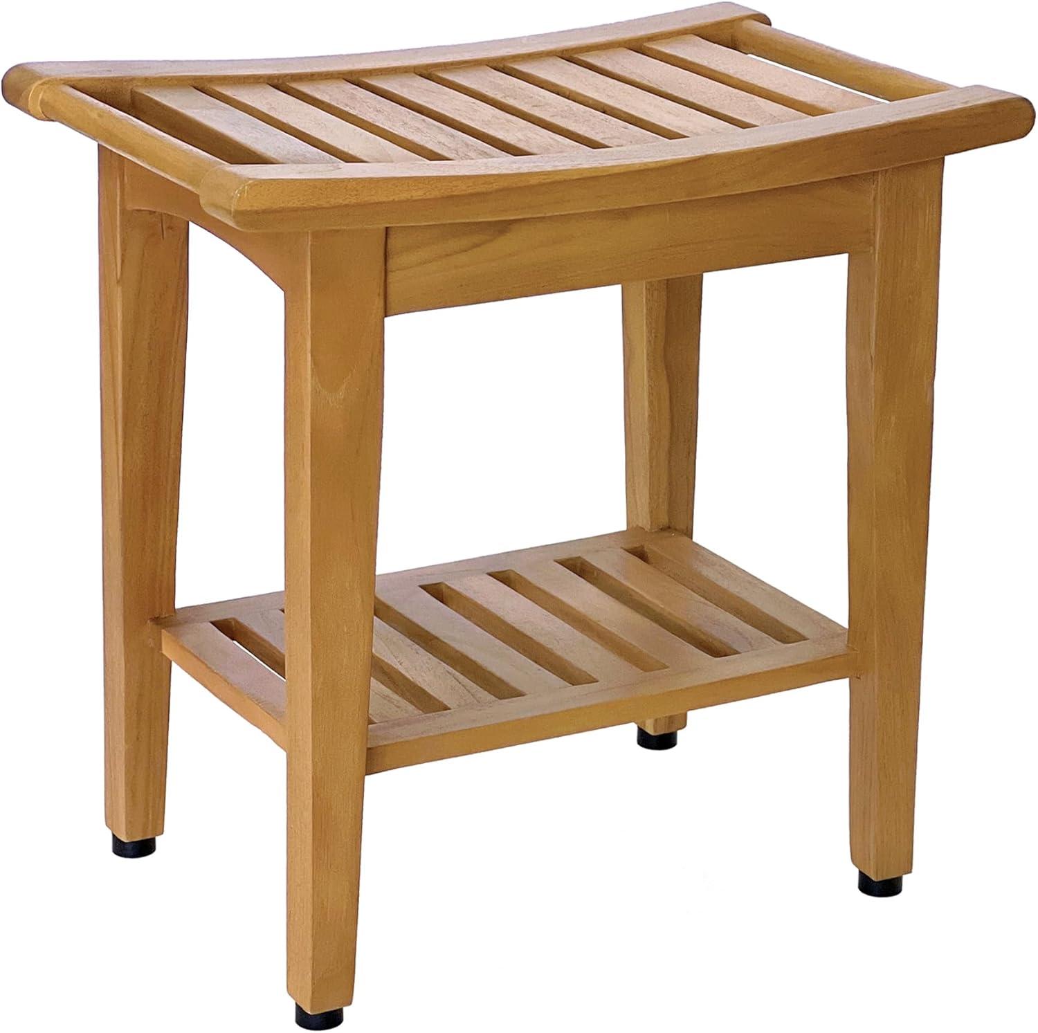 Solid Teak Indoor Outdoor Spa Stool with Bottom Shelf