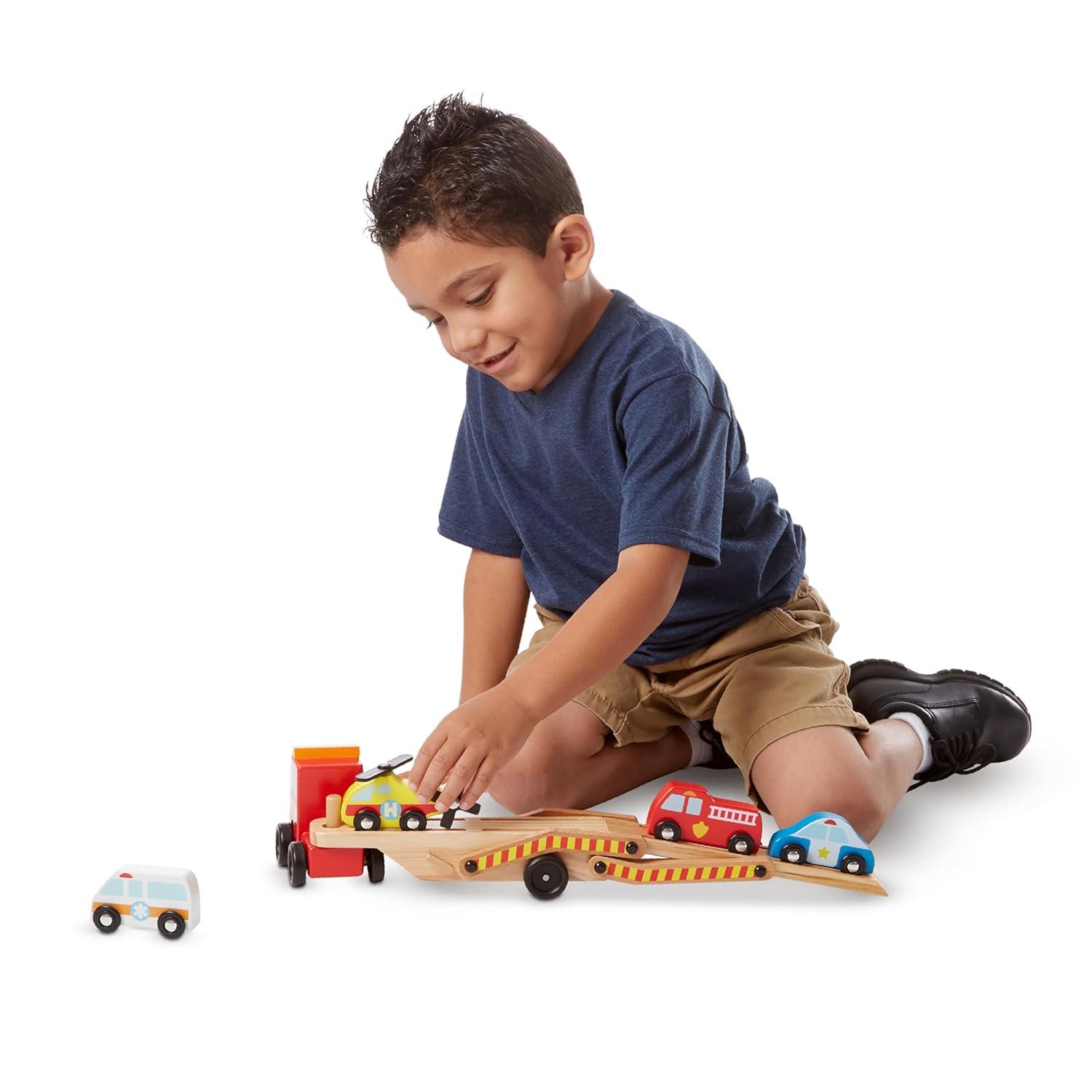 Melissa & Doug Emergency Vehicle Carrier Wooden Truck With 4 Rescue Vehicles