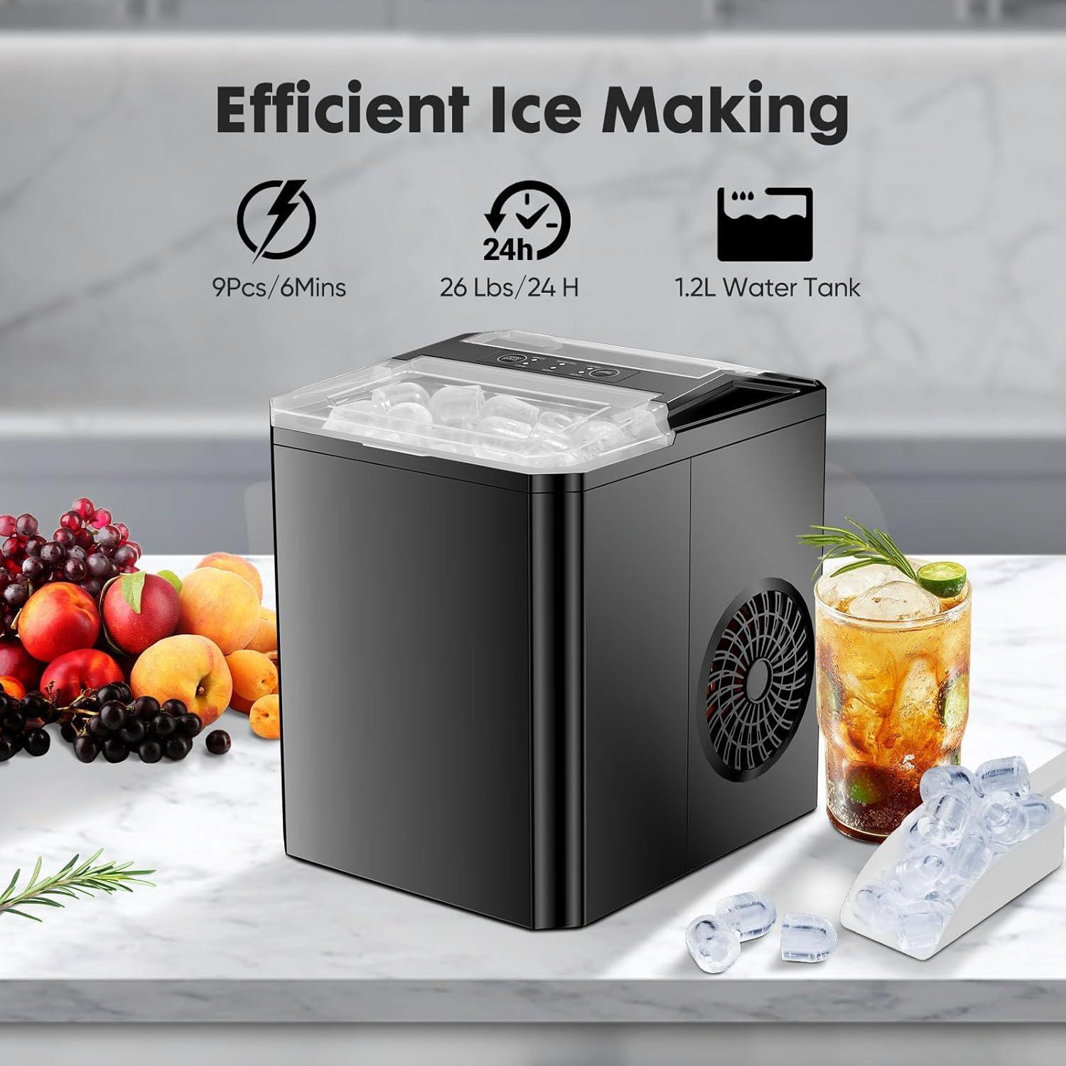 Ice Maker, 9Pcs/6Min, Self-Cleaning Portable Ice Maker Machine, 40 db quieter processing, 26Lbs/24H with Ice Scoop, 2 Sizes Bullet Cubes Makers, Black