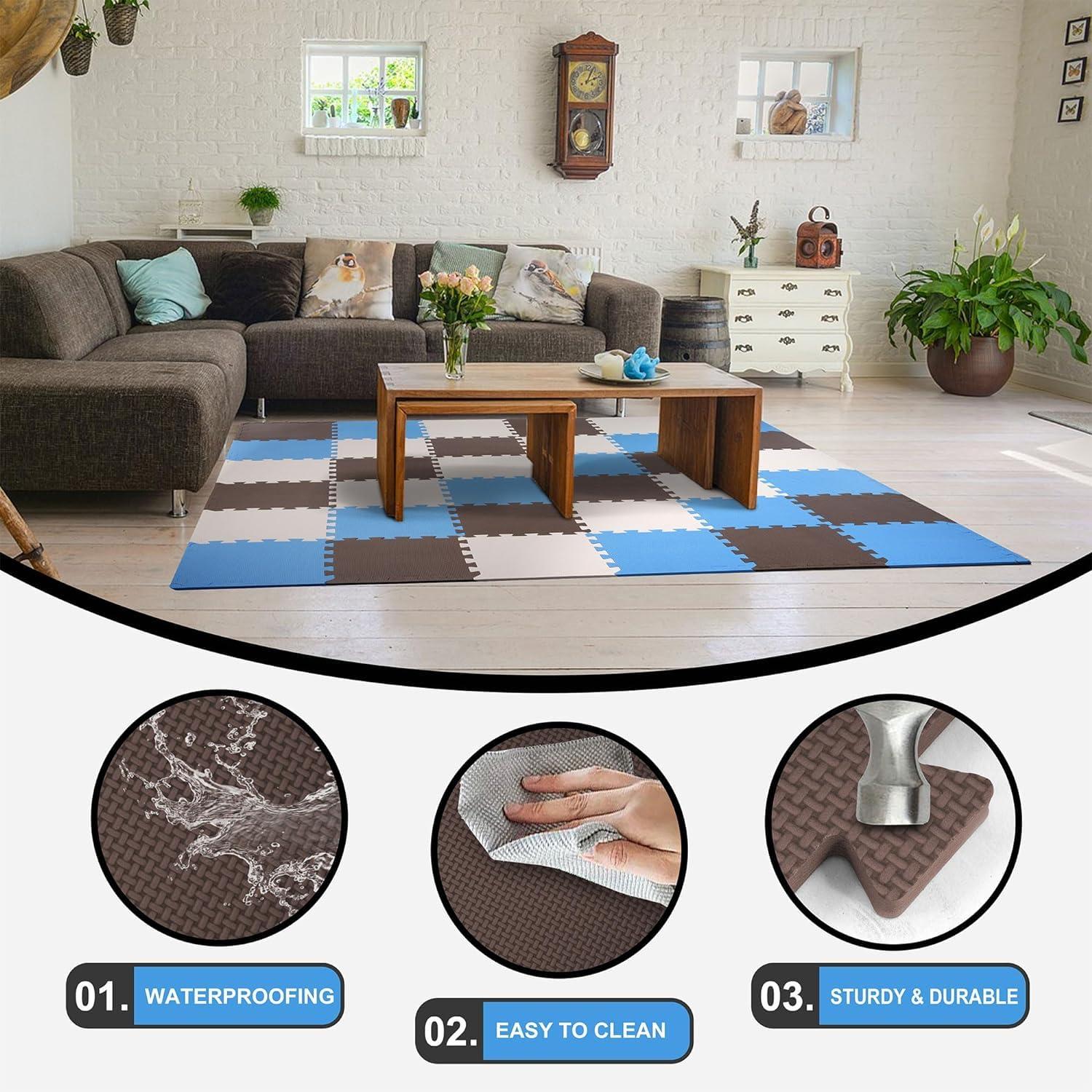 BalanceFrom Fitness 36 Tile Thick Non Slip Interlocking EVA Foam Kids Puzzle Home Floor Exercise Play Mat Set, Covers 36 Square Feet, Blue/Brown/Beige