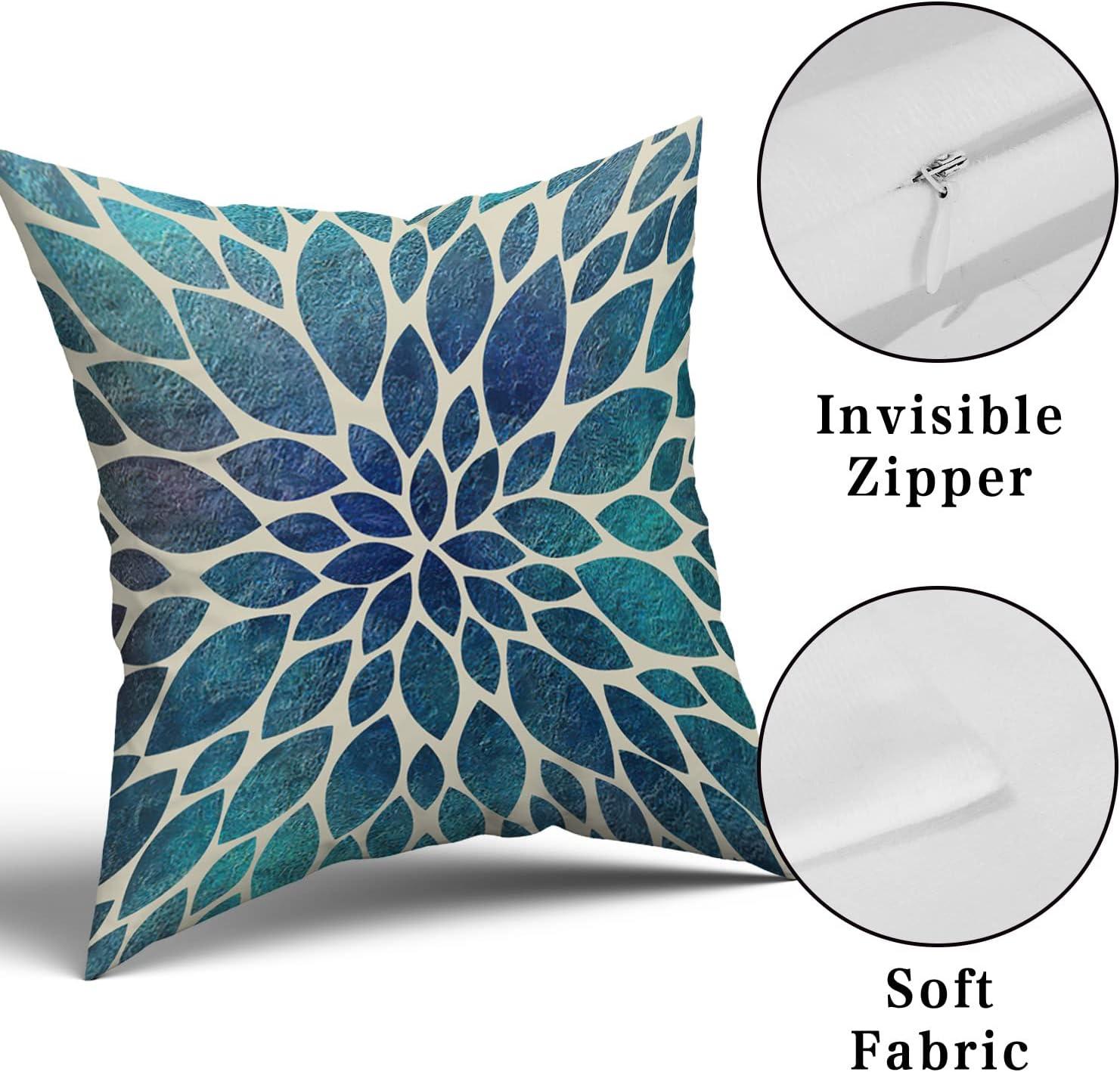 Navy Blue Teal Dahlia Floral Cotton Polyester Euro Pillow Covers