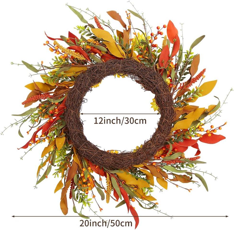 Artificial Fall Wreath 20 Inch Autumn Wreath for Front Door Thanksgiving Wreaths Orange Yellow Red Daisy Flower Wreath Artificial Wreath for Home Farmhouse Decor