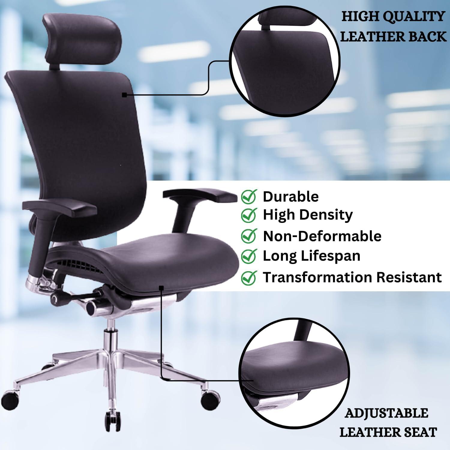 GM Seating Dreem III Leather Series Executive Hi Swivel Chair Chrome Base with Headrest, Genuine Black Leather