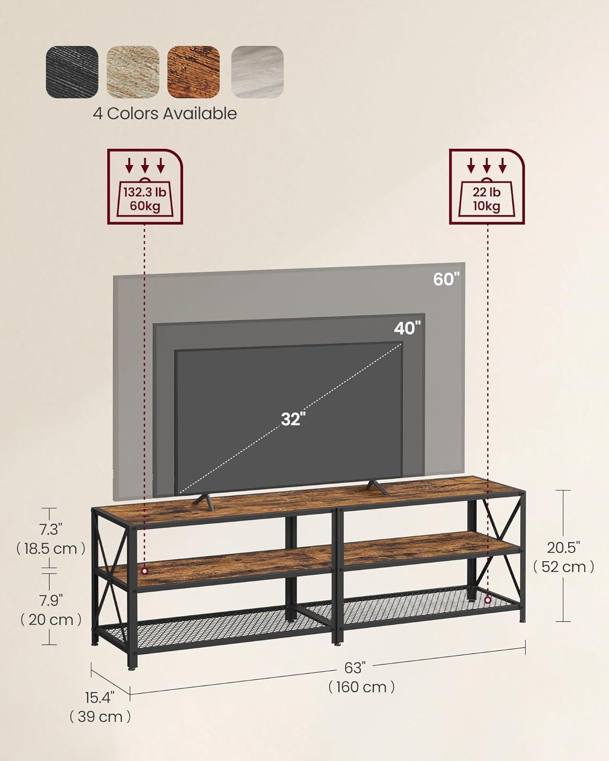 Rustic Brown and Black Steel Frame TV Stand with Shelves