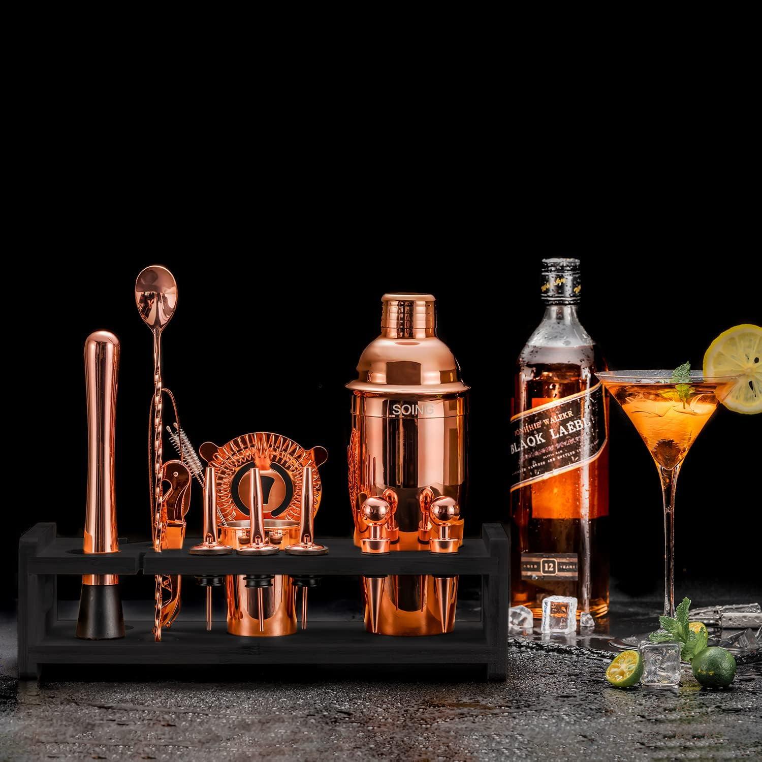 Rose Copper 24-Piece Stainless Steel Bartender Kit with Stand