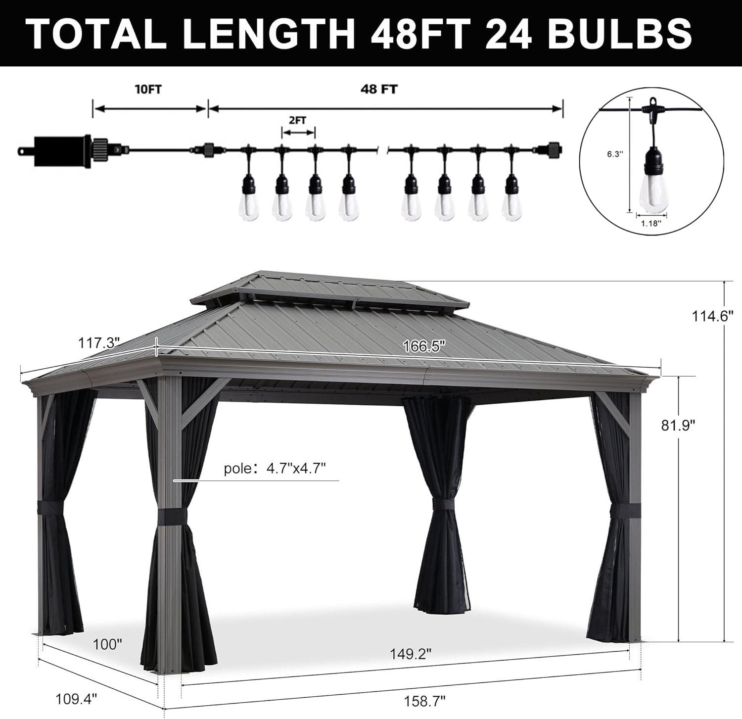 PURPLE LEAF 10' x 14' Hardtop Gazebo with String Lights Galvanized Steel Double Roof Gazebo with Aluminum Frames Outdoor Large Pavilion Gazebos for Patio Deck Garden, Light Grey