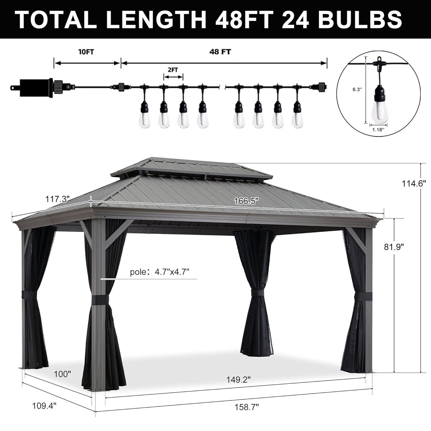 PURPLE LEAF 10' x 14' Hardtop Gazebo with String Lights Galvanized Steel Double Roof Gazebo with Aluminum Frames Outdoor Large Pavilion Gazebos for Patio Deck Garden, Light Grey