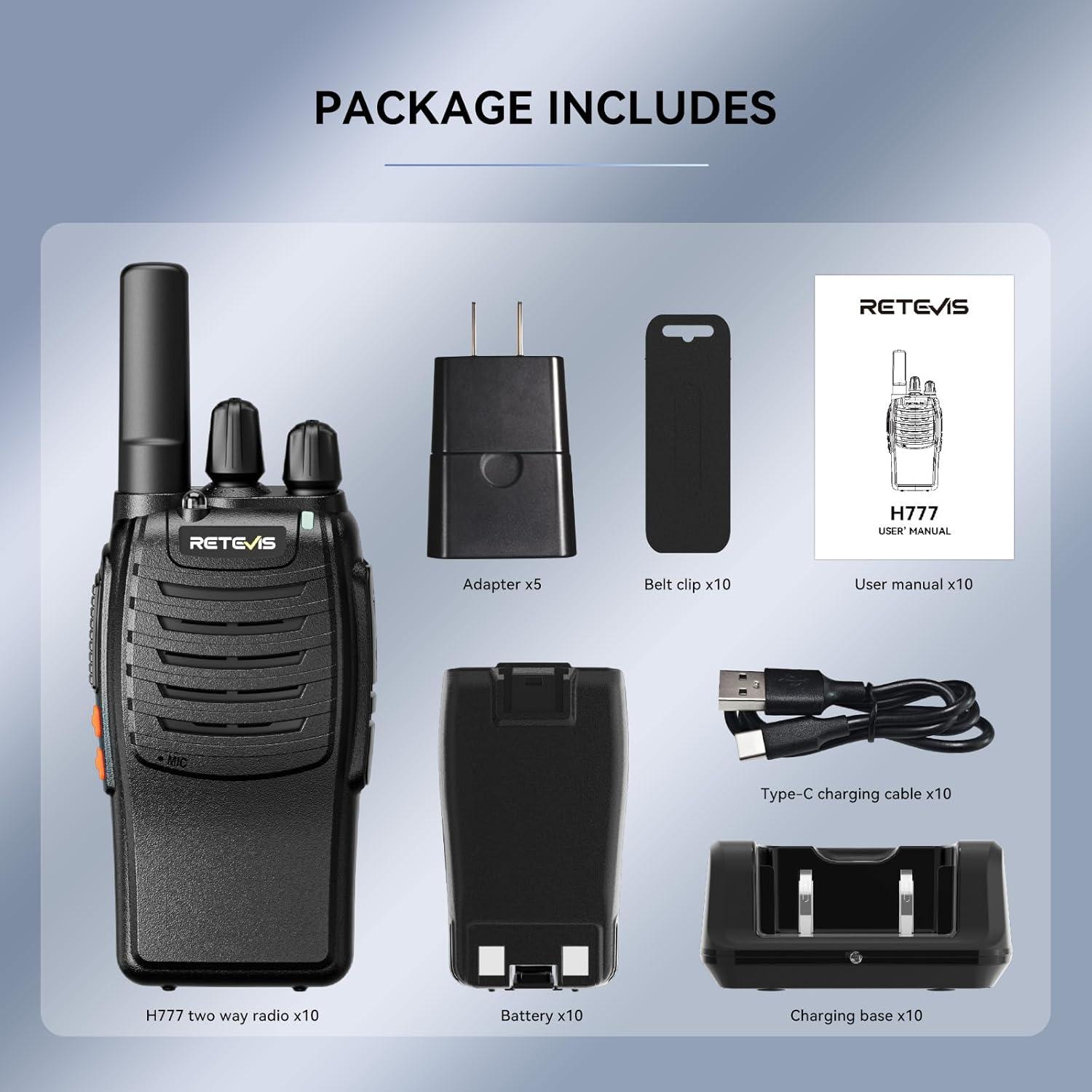 Retevis H-777 2 Way Radios, Walkie Talkies for Adults, Rechargeable Long Range Two Way Radio, Shock Resistant, Short Antenna for Business Education(10 Pack)