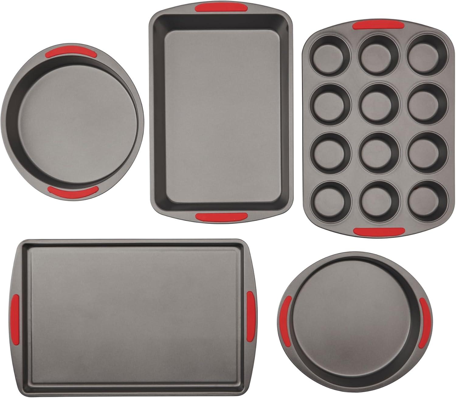 GoodCook Mega Grip 5-Piece Nonstick Steel Bakeware Set with Cookie Sheet, Roast Pan, 2 Cake Pans, and Muffin Pan, Gray,Gray