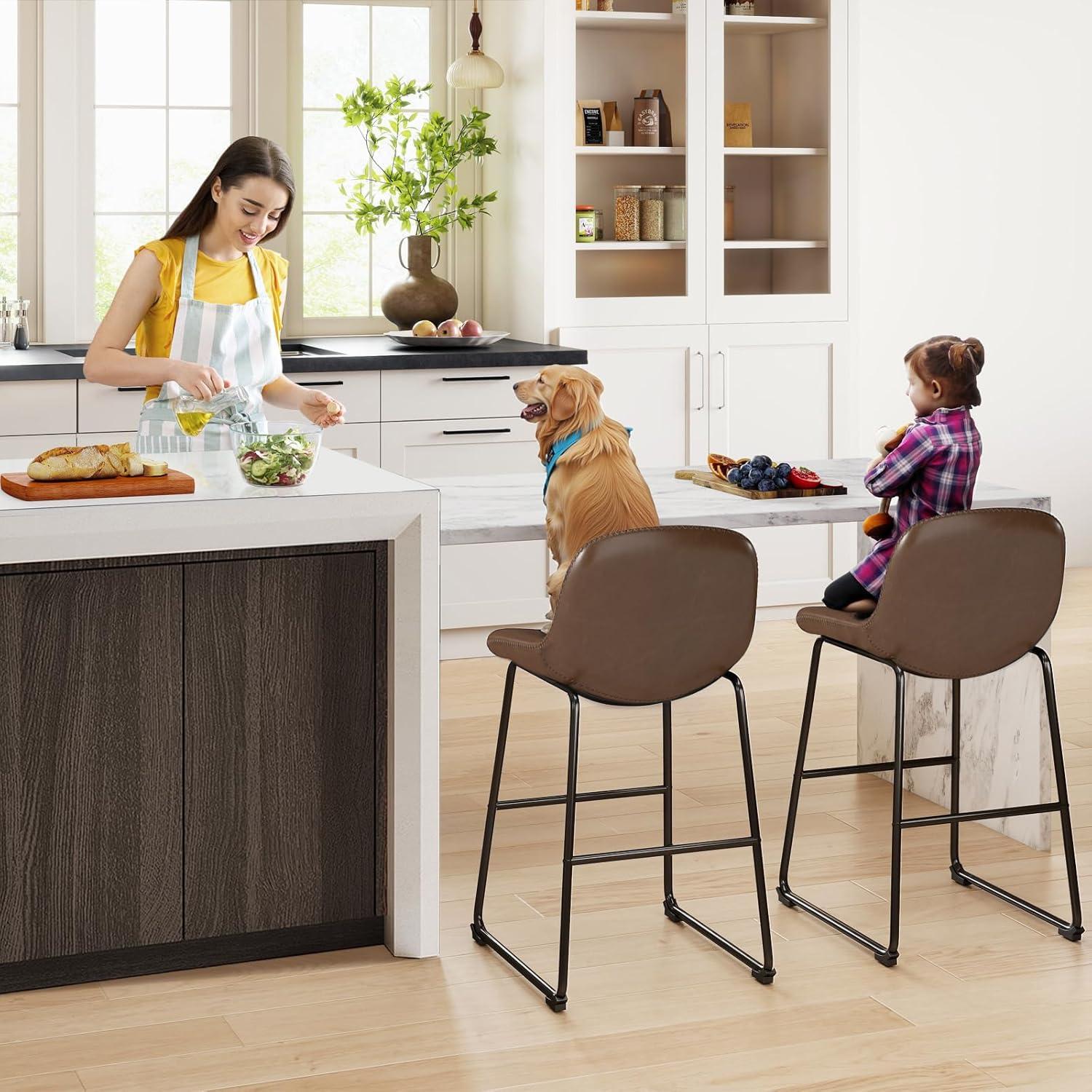 Bennium Counter Stools Set of 2, 24 inch Counter Height Bar Stools Hold up to 500 lbs, Armless Counter Height Chairs with Metal Legs & Soft Backrest for Kitchen Island Coffee Shop, Brown