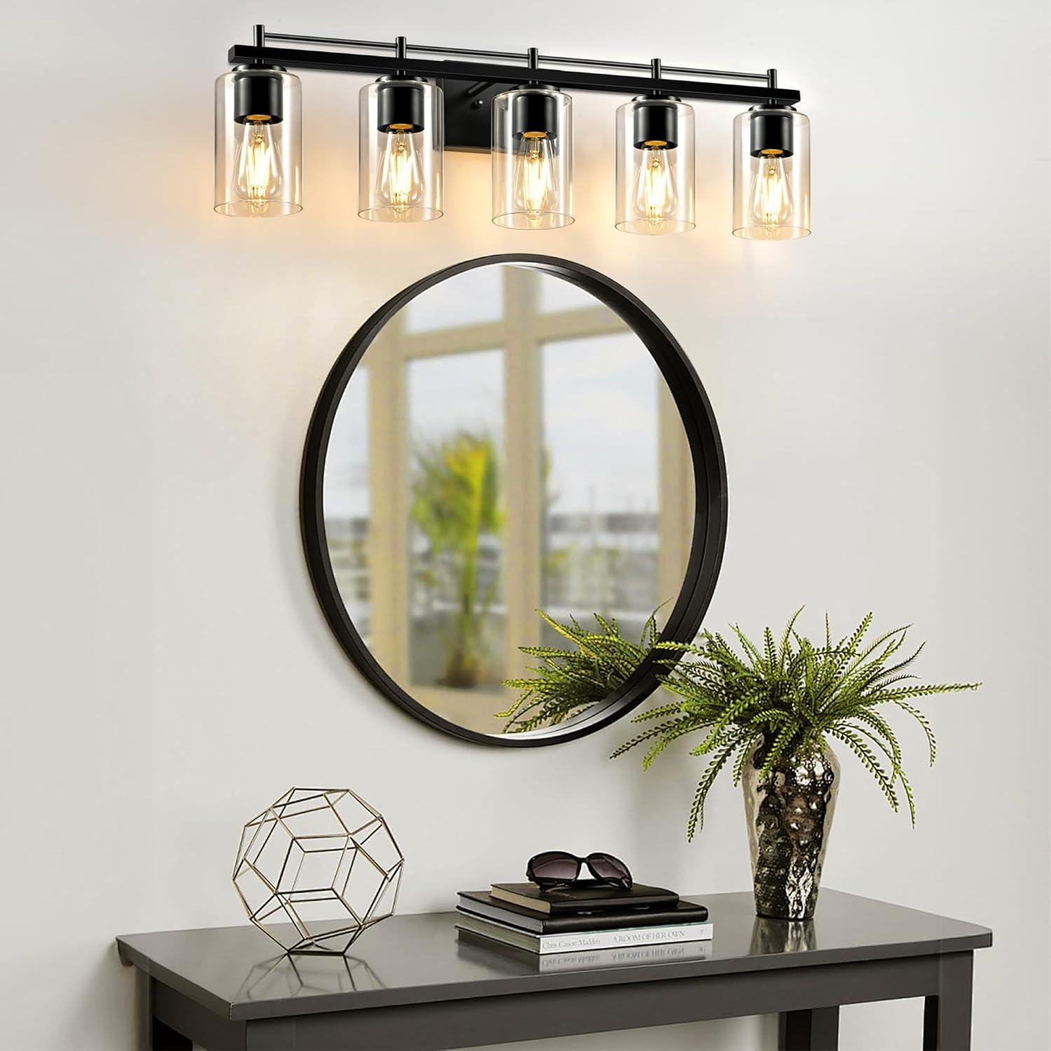 Matte Black 5-Light Bathroom Vanity Fixture with Glass Shades