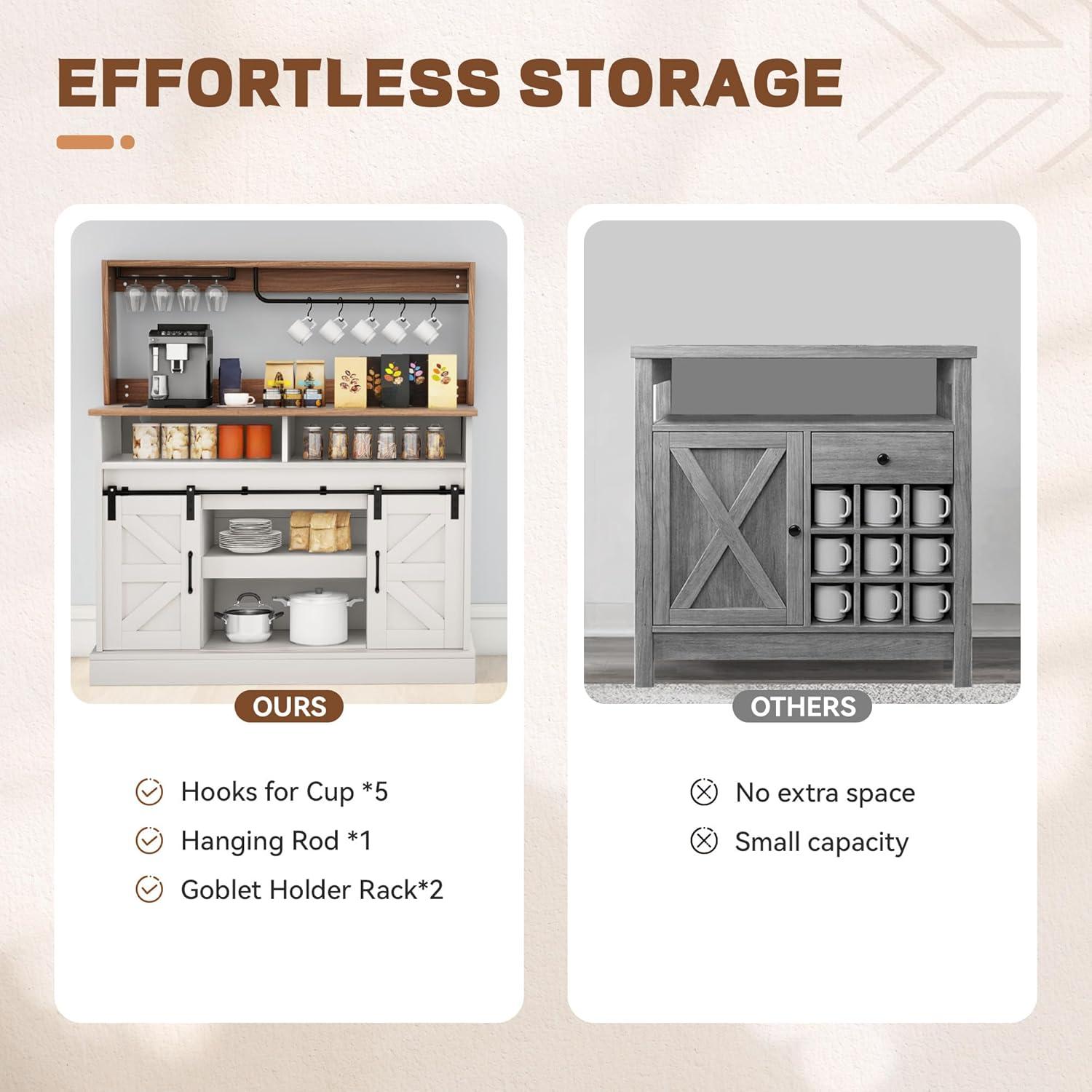 Gracie Oaks Gracie Oaks Farmhouse Coffee Bar Cabinet with Power Outlets, Goblet Holder & Sliding Barn Doors