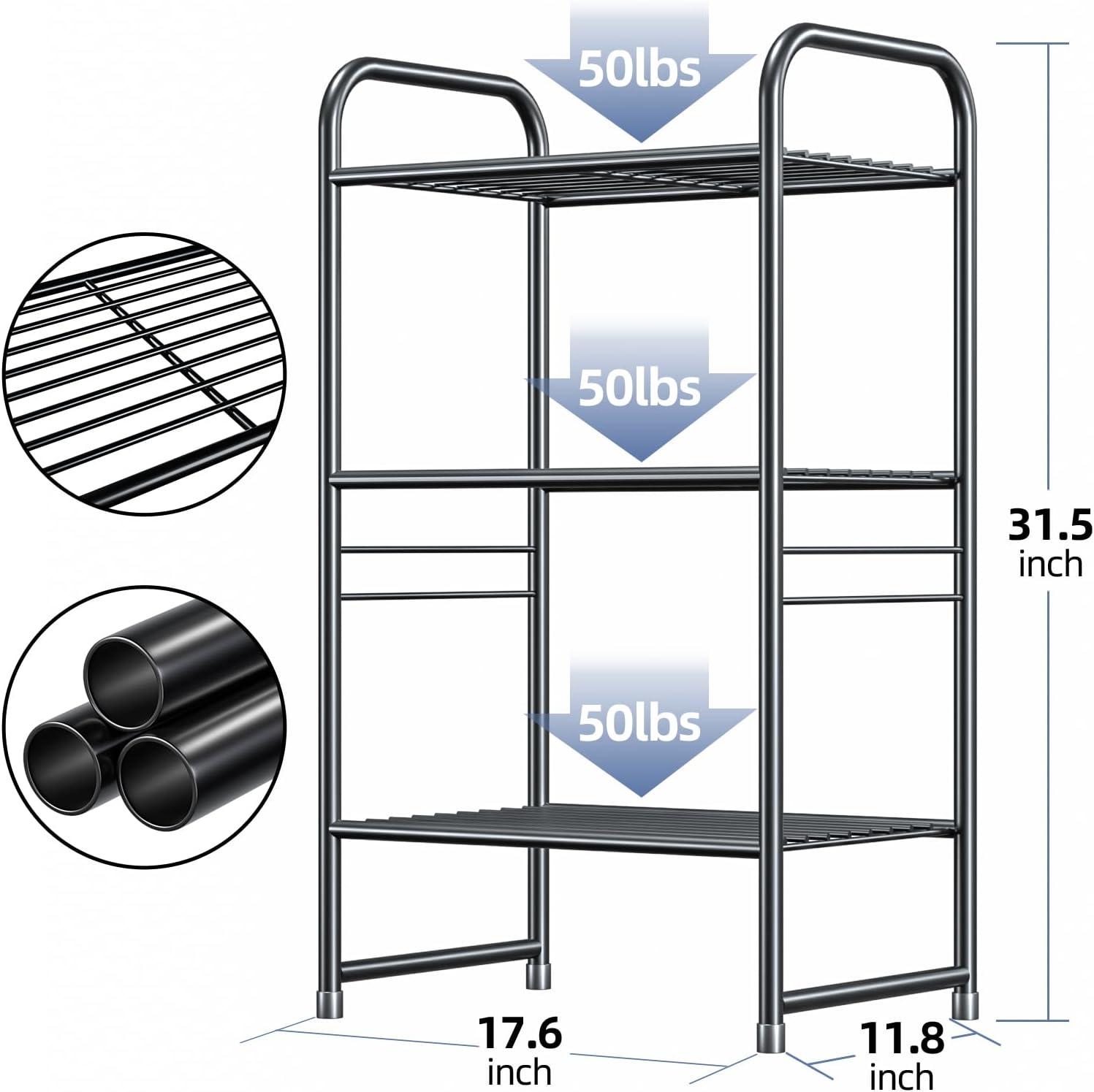 Rebrilliant 3 Tier Wire Shelves For Storage Rack Outdoor Indoor Waterproof, Stackable Metal 17.7-Inch Bathroom Organizer Shelf Stand, Perfect For Kitchen, Black