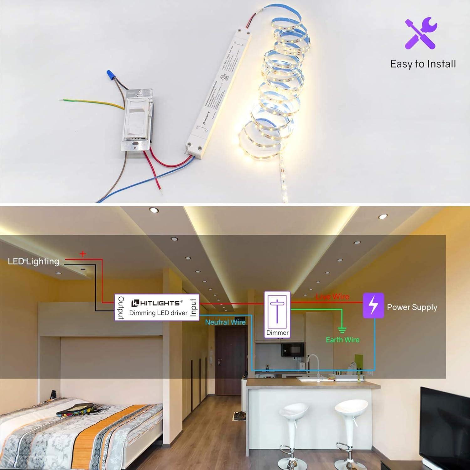 HitLights 60W Dimmable LED Driver Transformer, Power Supply 100-277V AC to 12V DC, 5A, Compatible with Lutron Leviton Dimmers, for LED Strip Lights, Constant Voltage LED Projects, UL-Listed,White