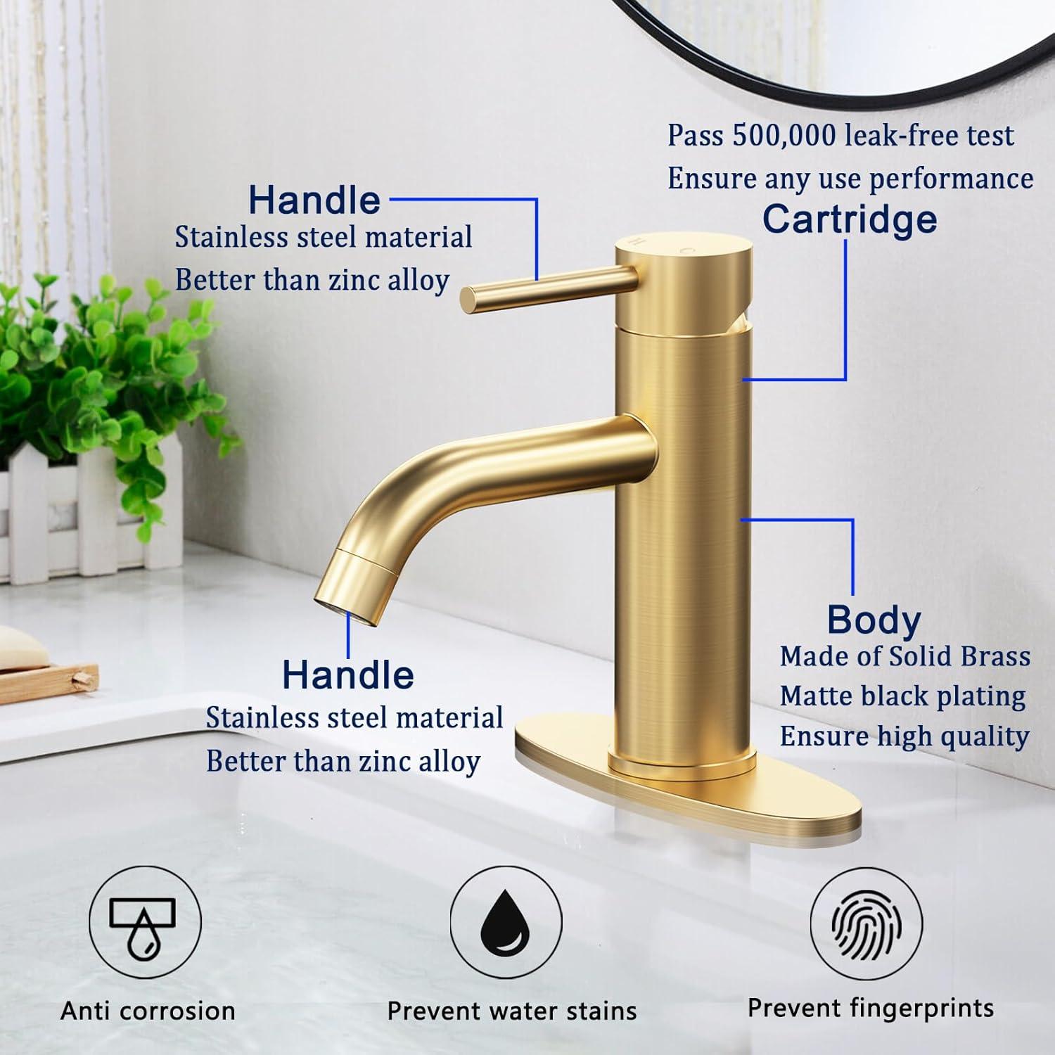 Brushed Gold Bathroom Faucet Gold Bathroom Sink Faucet Single Handle Gold Bathroom Faucet Modern Single Hole Faucet Bathroom with Pop-up Sink Drain Stopper & Deck Plate 1 or 3 Hole Bathroom Faucet