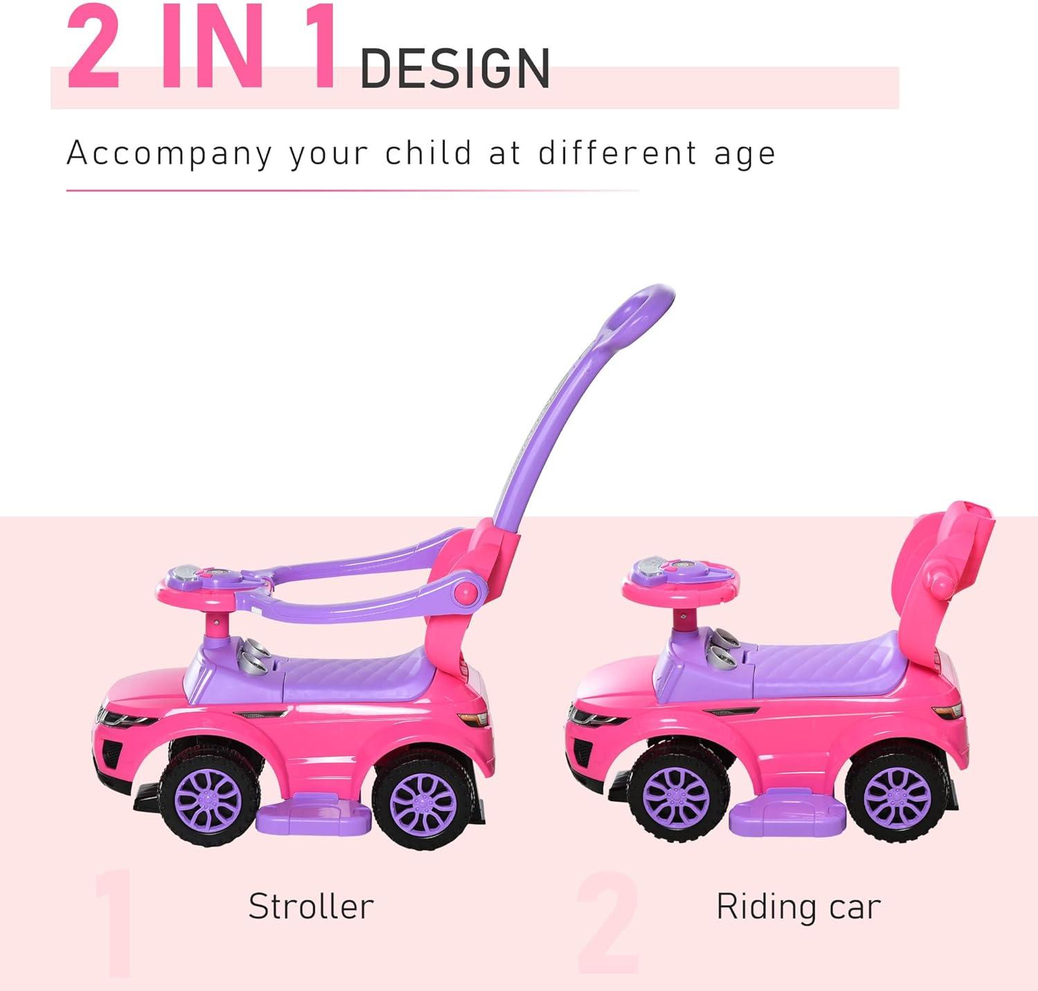 Aosom 3 In 1 Push Cars for Toddlers Kid Ride on Push Car Stroller Sliding Car with Horn Music Light Function Secure Bar Ride on Toy for Boy Girl 1-3 Years Old