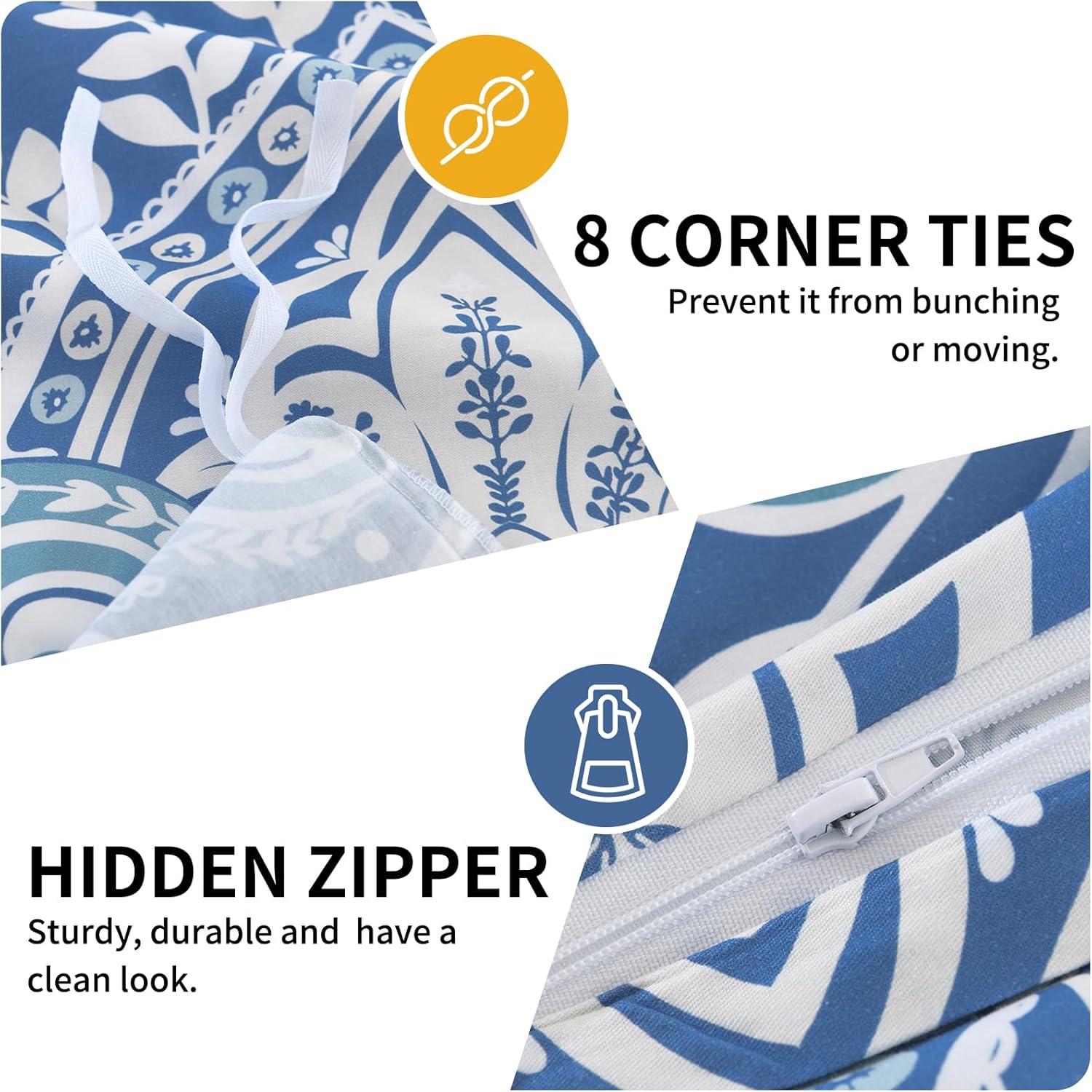 Blue and White Damask Queen Size Microfiber Duvet Cover Set