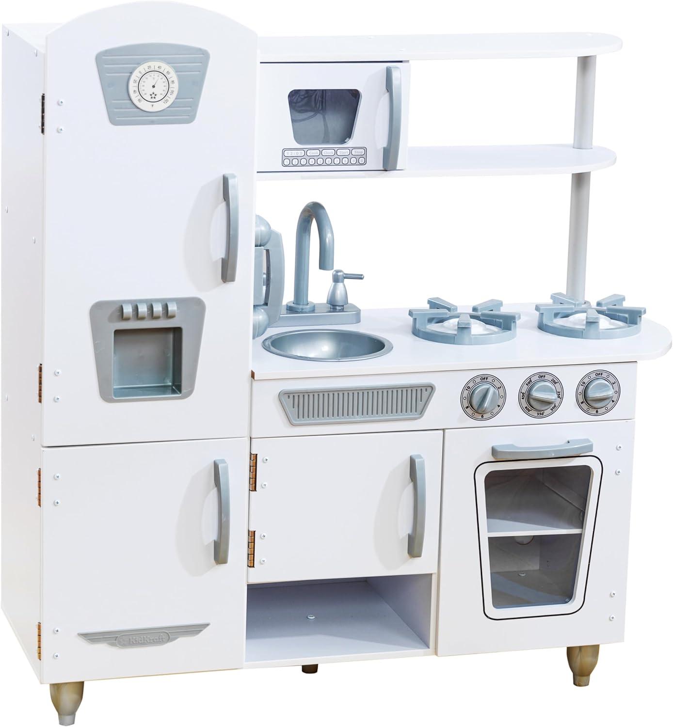 White Vintage Wooden Play Kitchen with Phone and Ice Maker