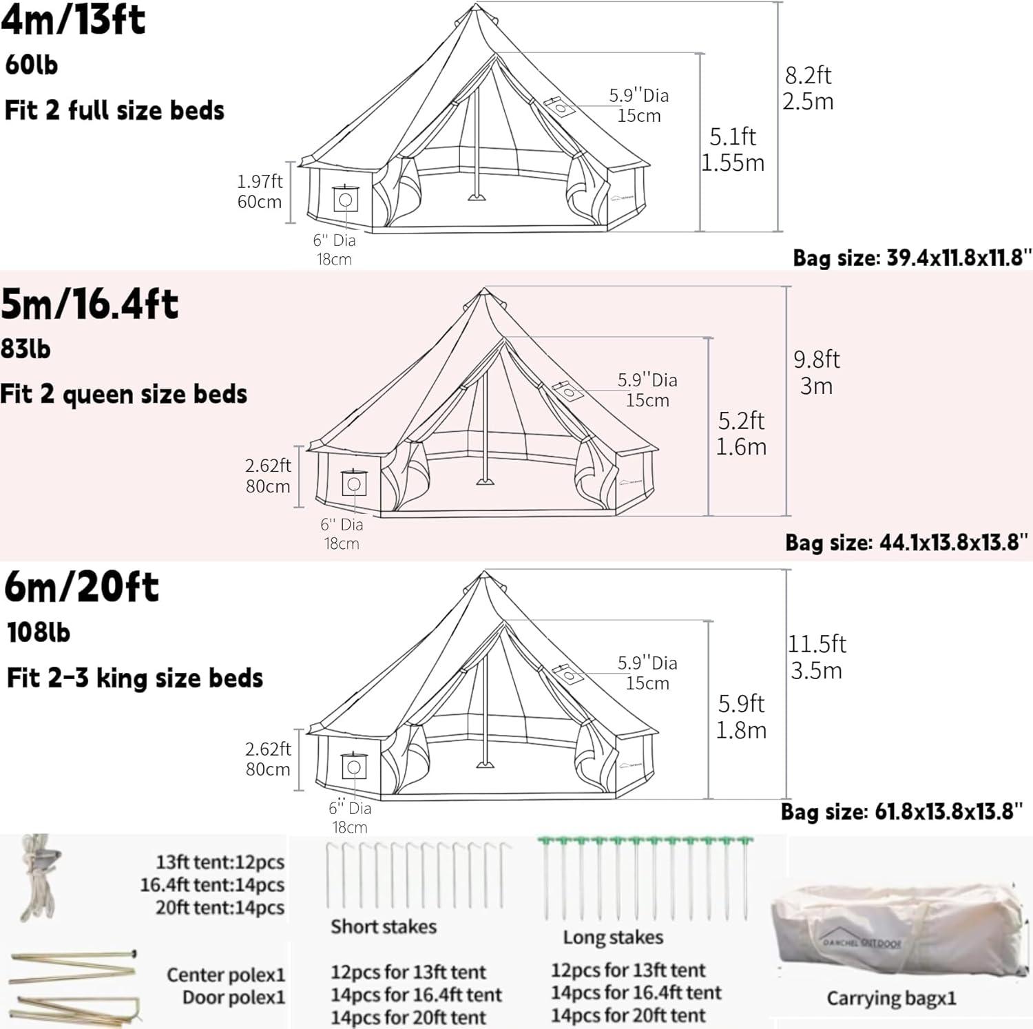 DANCHEL OUTDOOR B5PRO Waterproof Canvas Bell Tent with AC Port, 4 Season Yurt Tent with Stove Jack Glamping All Year Living 4/6/8 Person Family Camping, 13ft/16.4ft/20ft