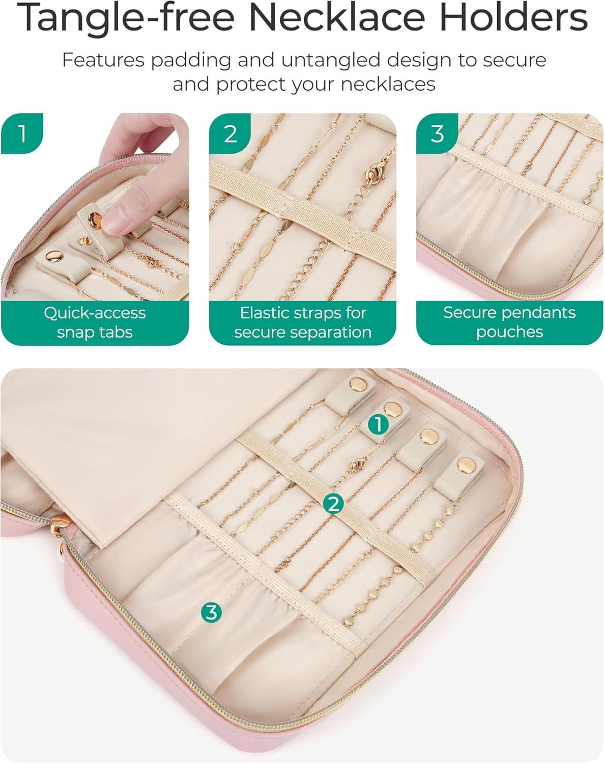 Jewelry Organizer Case Travel Jewelry Storage Bag for Necklace, Earrings, Rings, Bracelet, Soft Pink