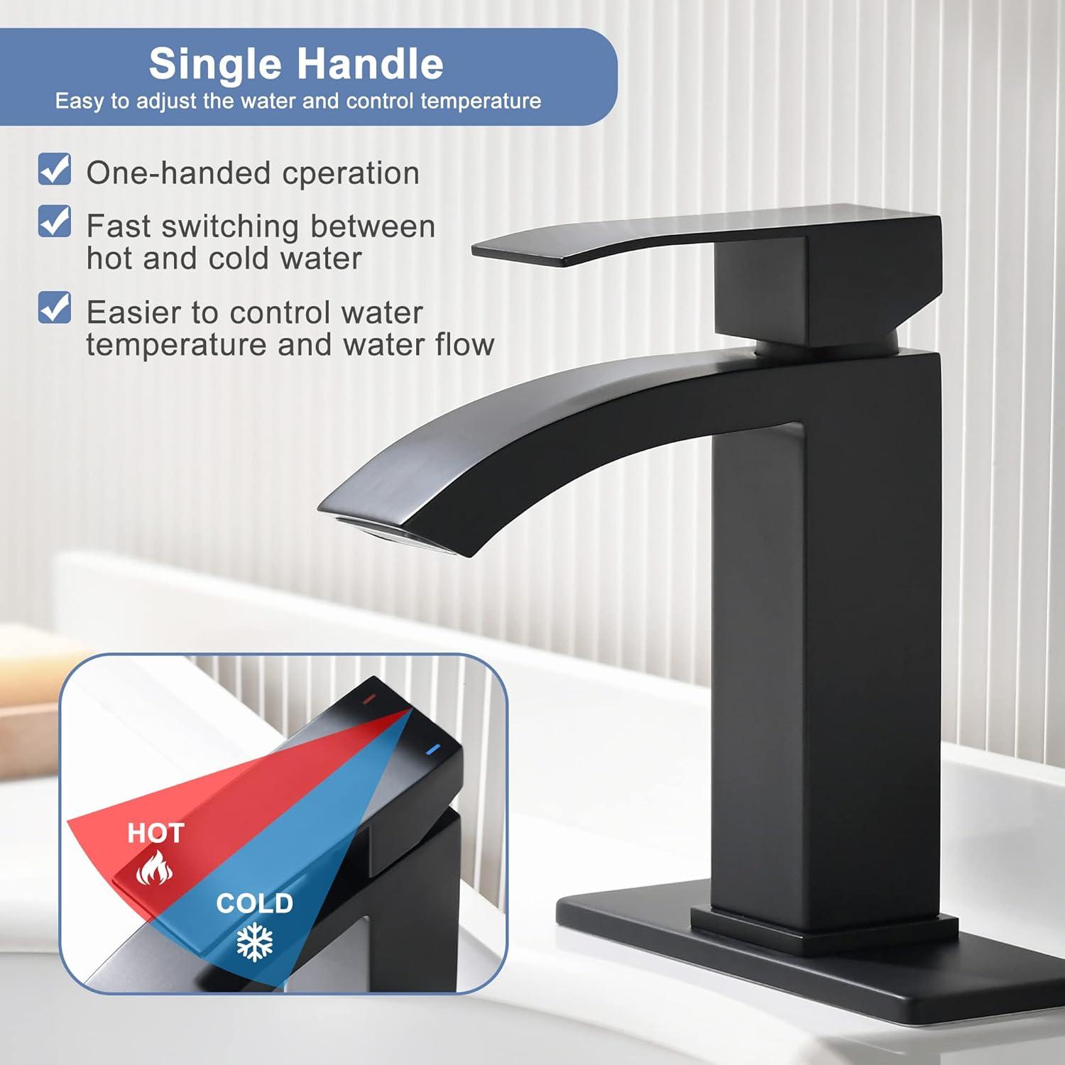 Matte Black Single Handle Waterfall Bathroom Faucet with Pop-Up Drain