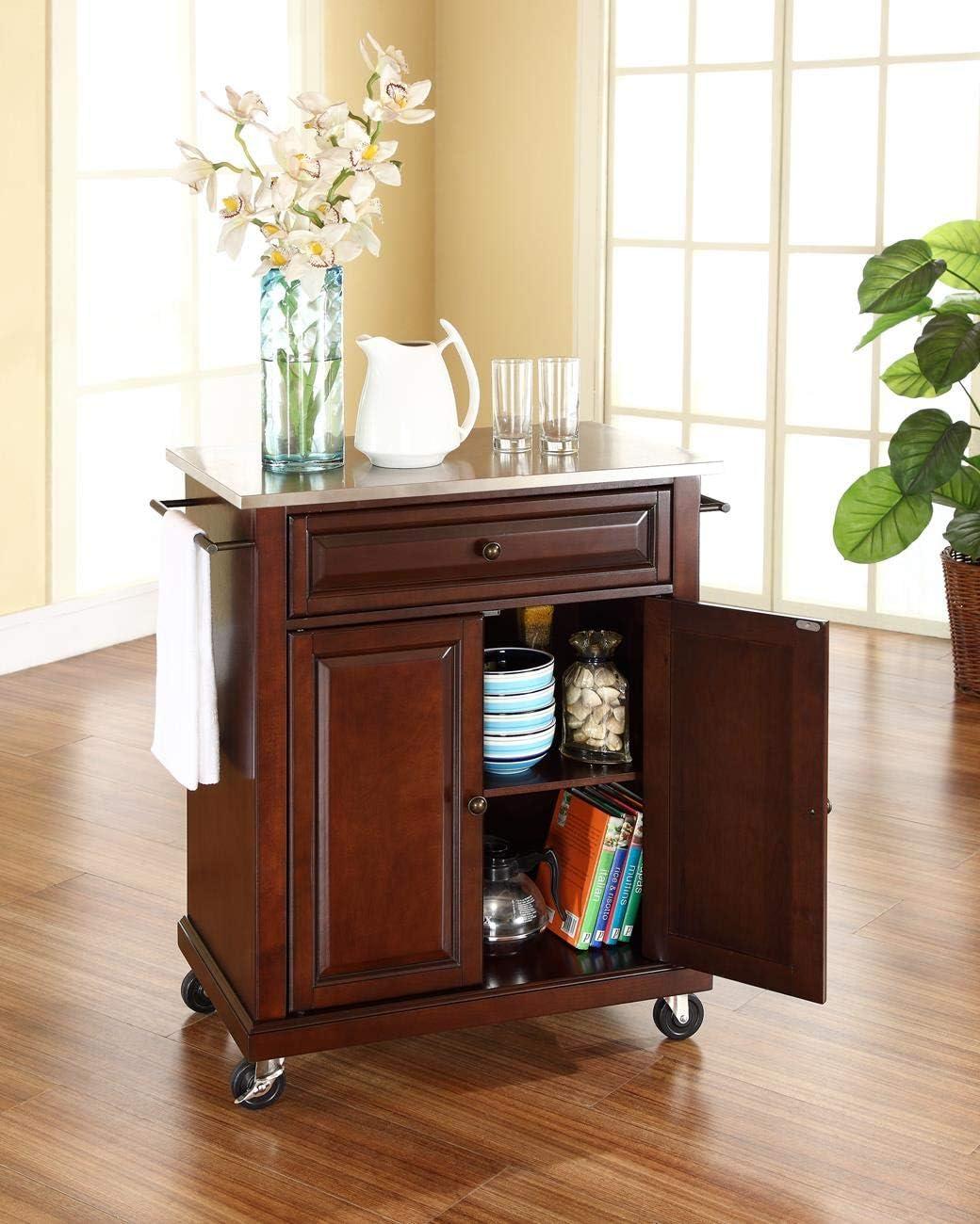 Mahogany Stainless Steel Top Kitchen Cart with Storage