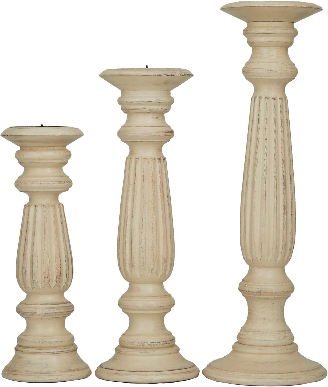 Olivia & May Set of 3 Farmhouse Mango Wood Teardrop Designed Pillar Candle Holders: Rustic Wooden Candlestick Holders