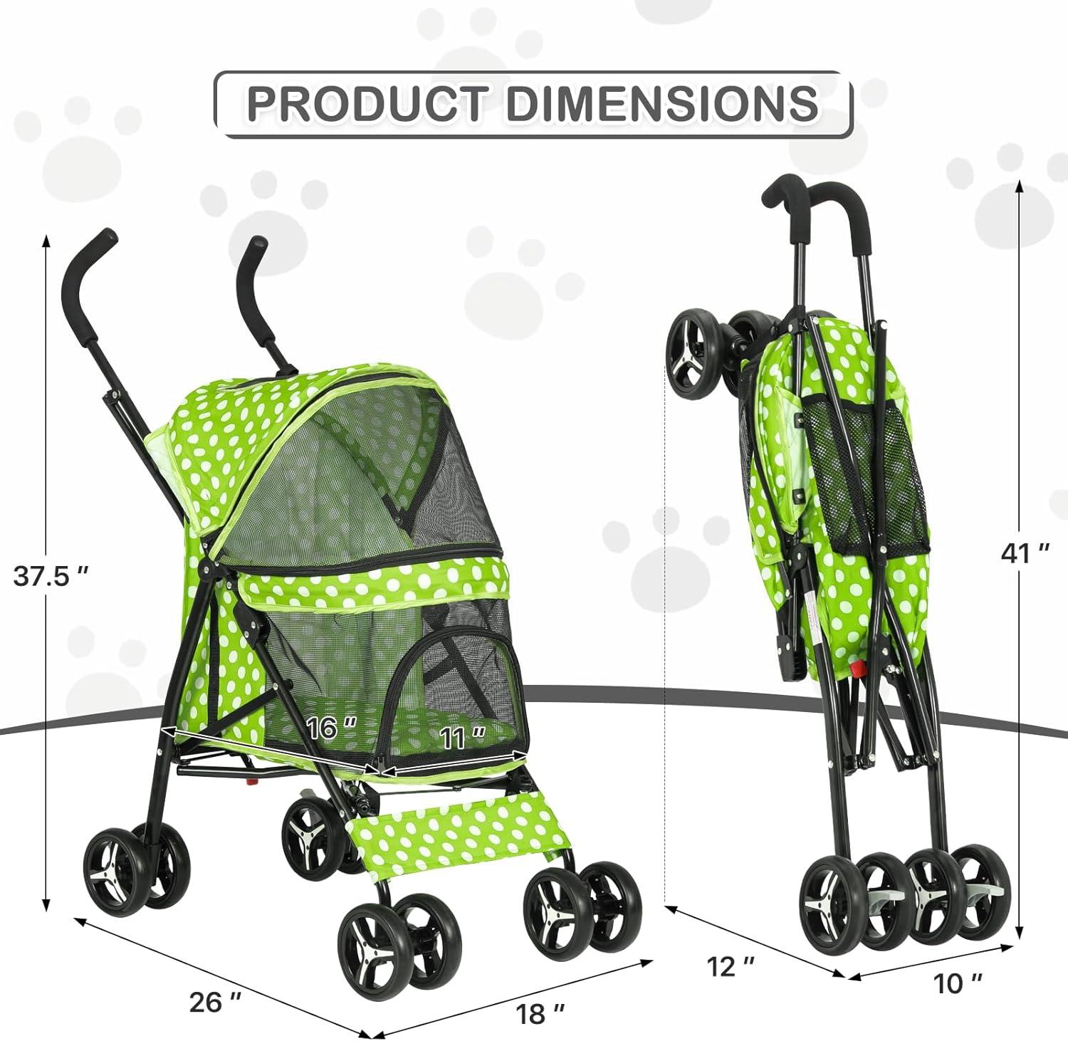 MoNiBloom 4 Wheel Foldable Lightweight Pet Trolley for Cats & Dogs, Lawn Green with White Polka Dots