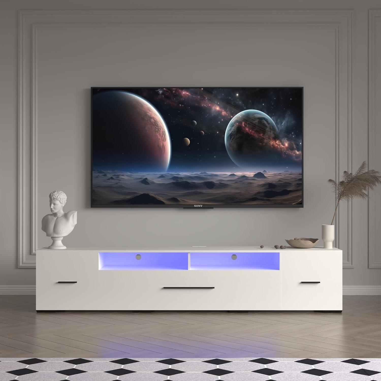 White LED TV Stand with Storage Cabinets for 80 Inch TV