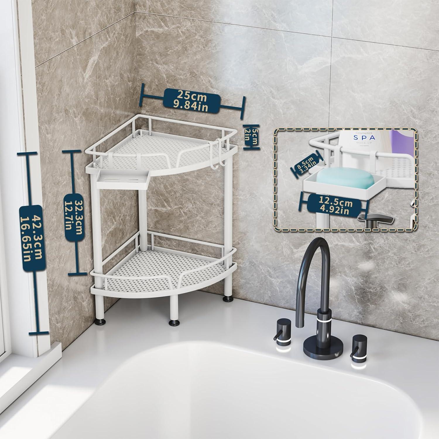 Rebrilliant Corner Shower Caddy Stand Shower Organizer With Soap Holder, Standing Tall Floor Shower Stand With Adjustable Feet & 2 Hooks, Shower Shelf Rack Storage For Bathroom,(White/2 Tier)