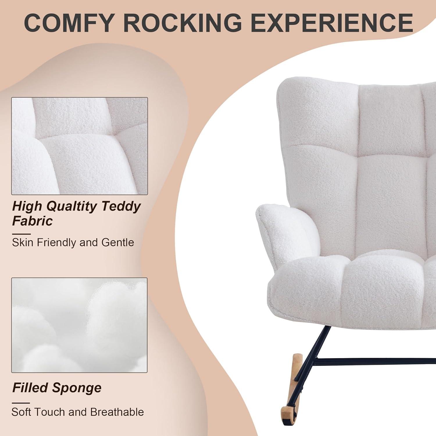 Nursery Rocking Chair Teddy, Upholstered Glider Rocker with High Backrest, Comfortable Stylish Accent Armchair with Padded Seat for Living Rooms, Bedrooms, Offices