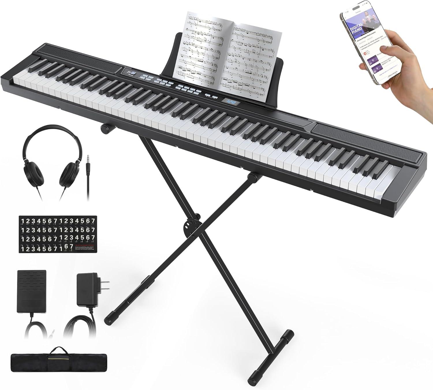 Fenbeli 61 Key Piano Keyboard with Lighted Keys Electric Keyboard Kit with Stand, Bench, Headphones, Built-in Speakers, Pink